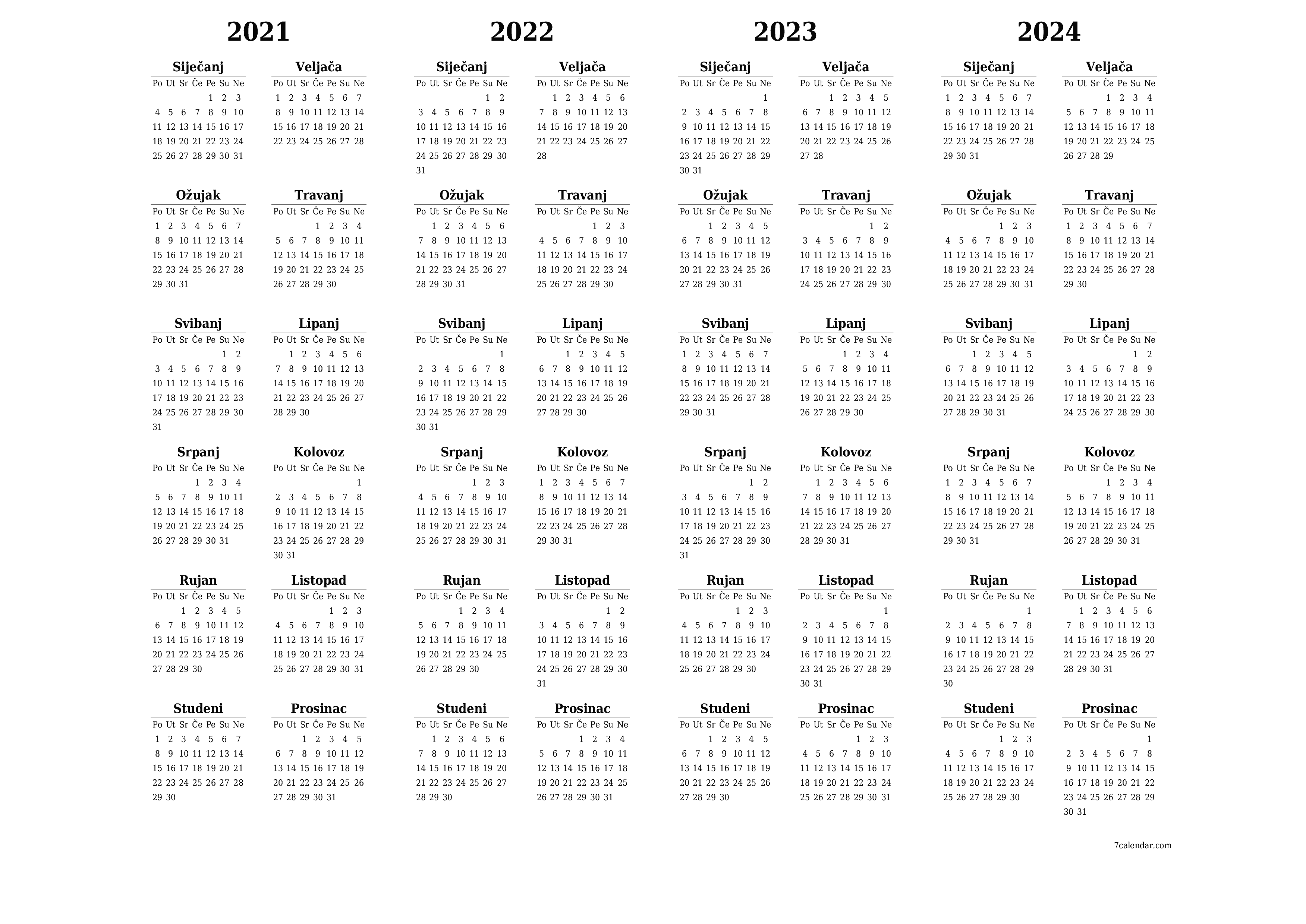 Ispraznite godišnji kalendar planera za godinu 2021, 2022, 2023, 2024 s bilješkama, spremite i ispišite u PDF PNG Croatian