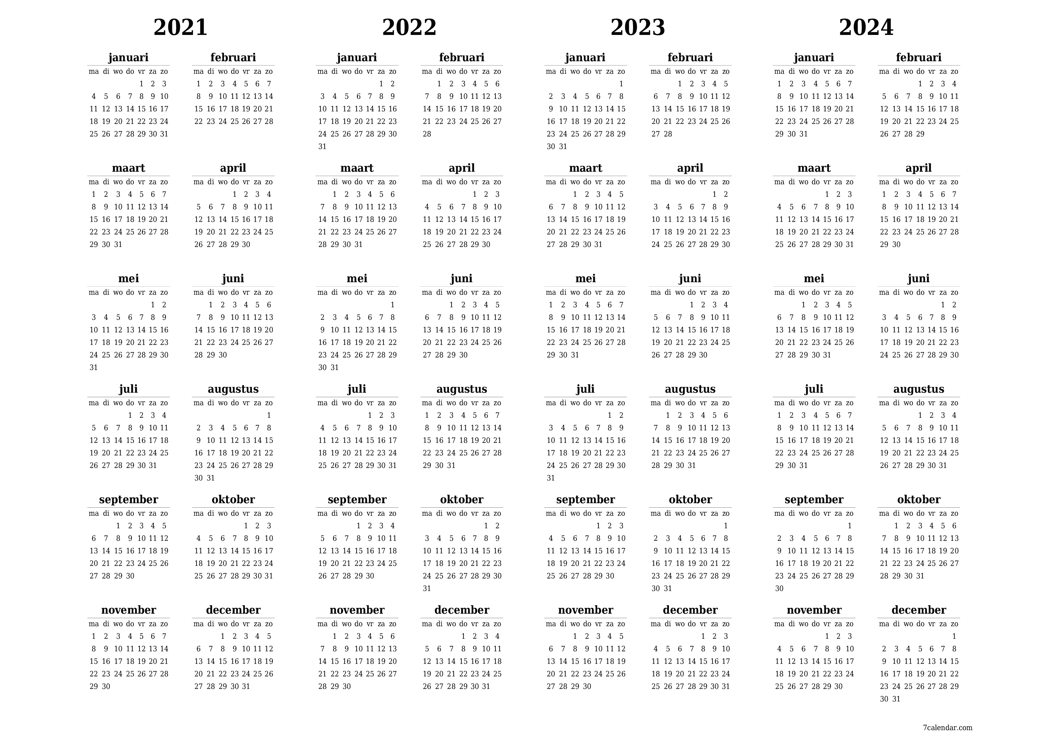 Blanco jaarkalender voor jaar 2021, 2022, 2023, 2024 opslaan en afdrukken naar pdf PNG Dutch - 7calendar.com