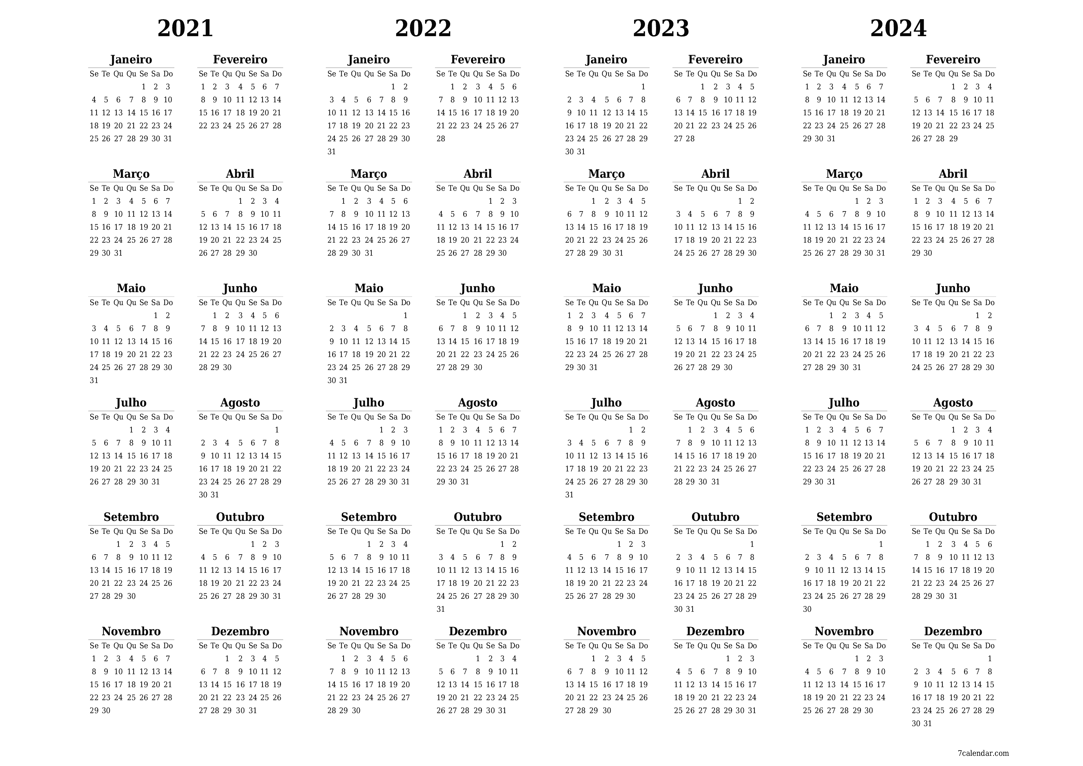 Calendário de planejador anual vazio para o ano 2021, 2022, 2023, 2024 com notas, salve e imprima em PDF PNG Portuguese