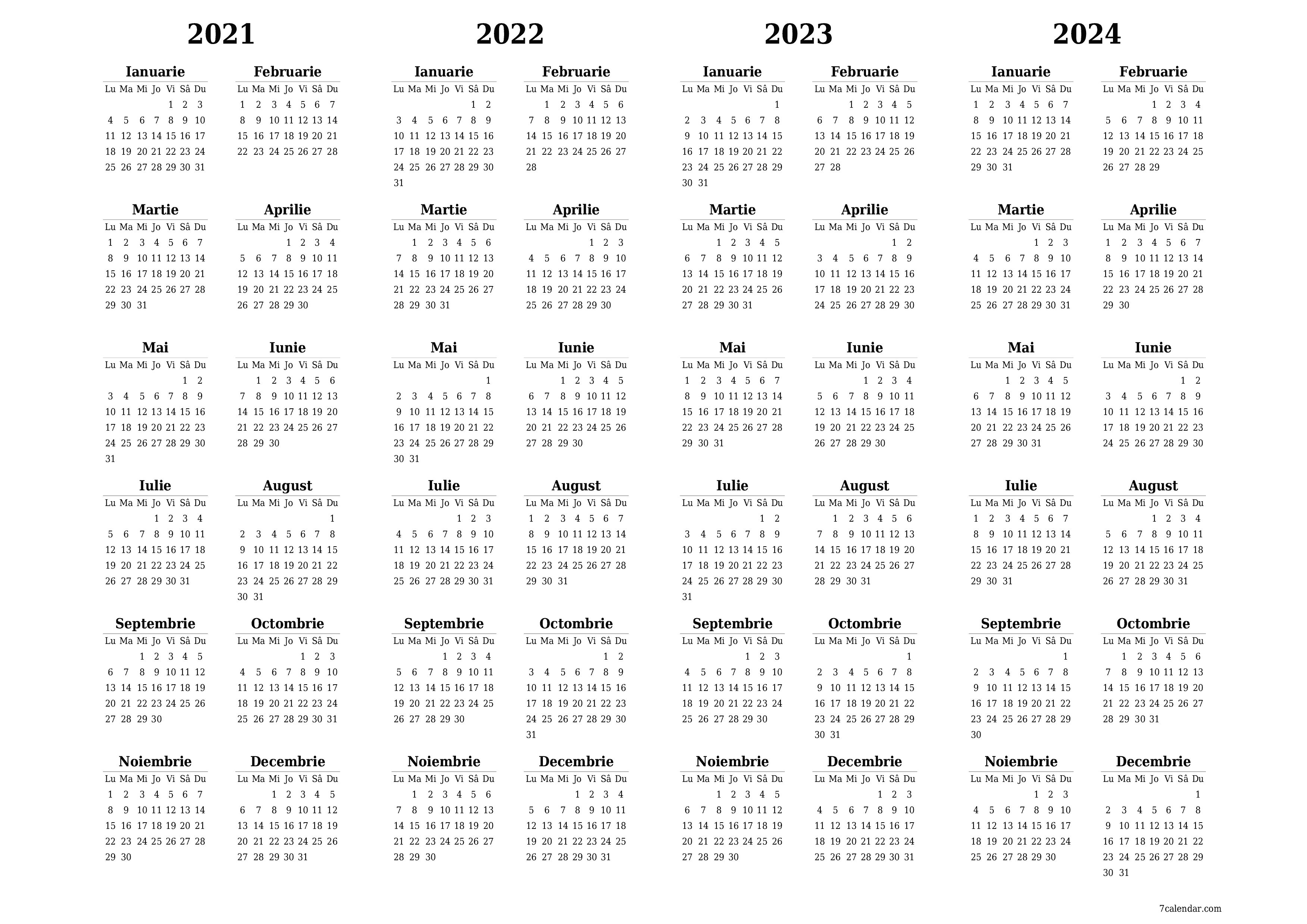 Goliți calendarul anual al planificatorului pentru anul 2021, 2022, 2023, 2024 cu note, salvați și tipăriți în PDF PNG Romanian - 7calendar.com