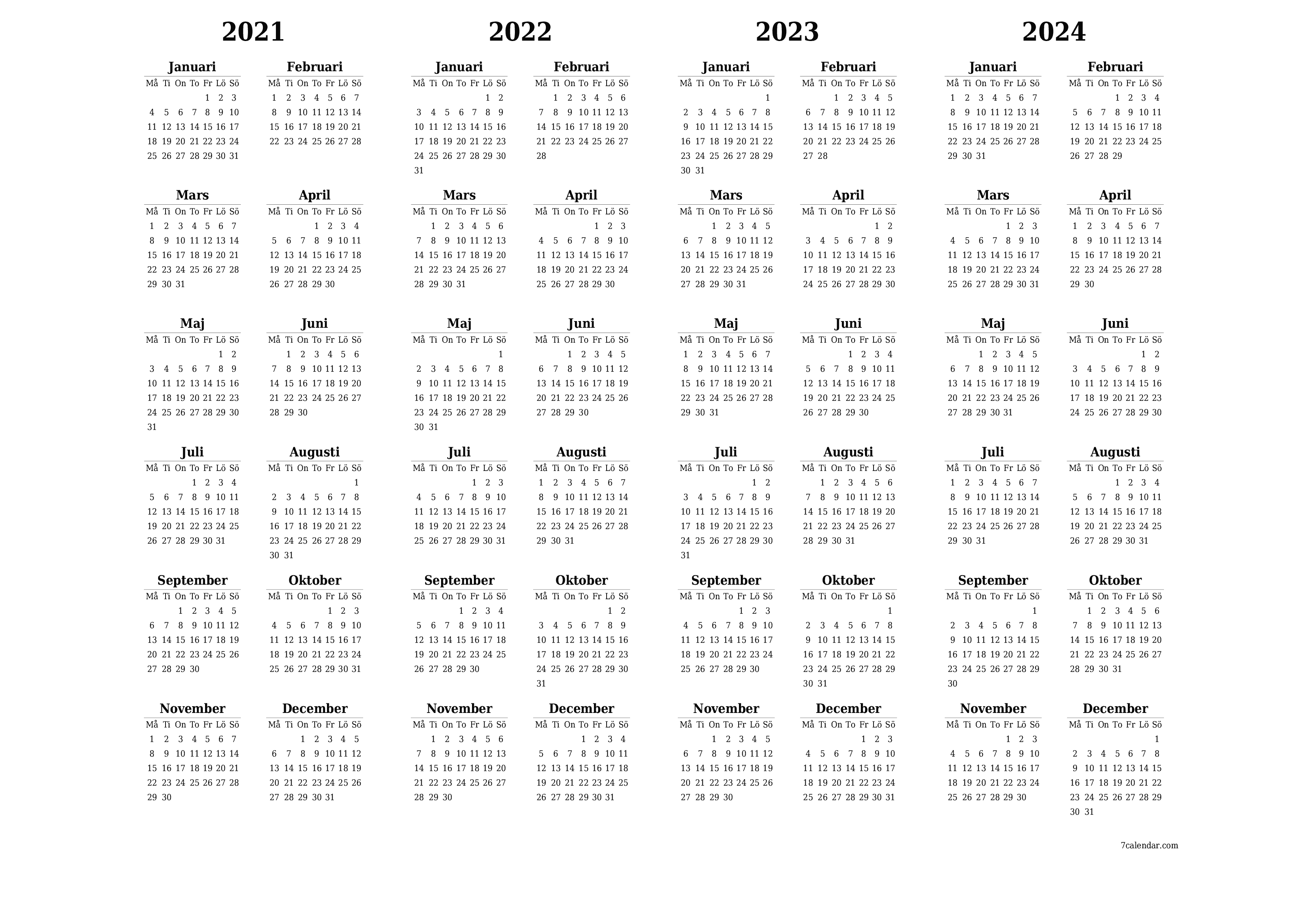 Tom årlig planeringskalender för året 2021, 2022, 2023, 2024 med anteckningar, spara och skriv ut till PDF PNG Swedish