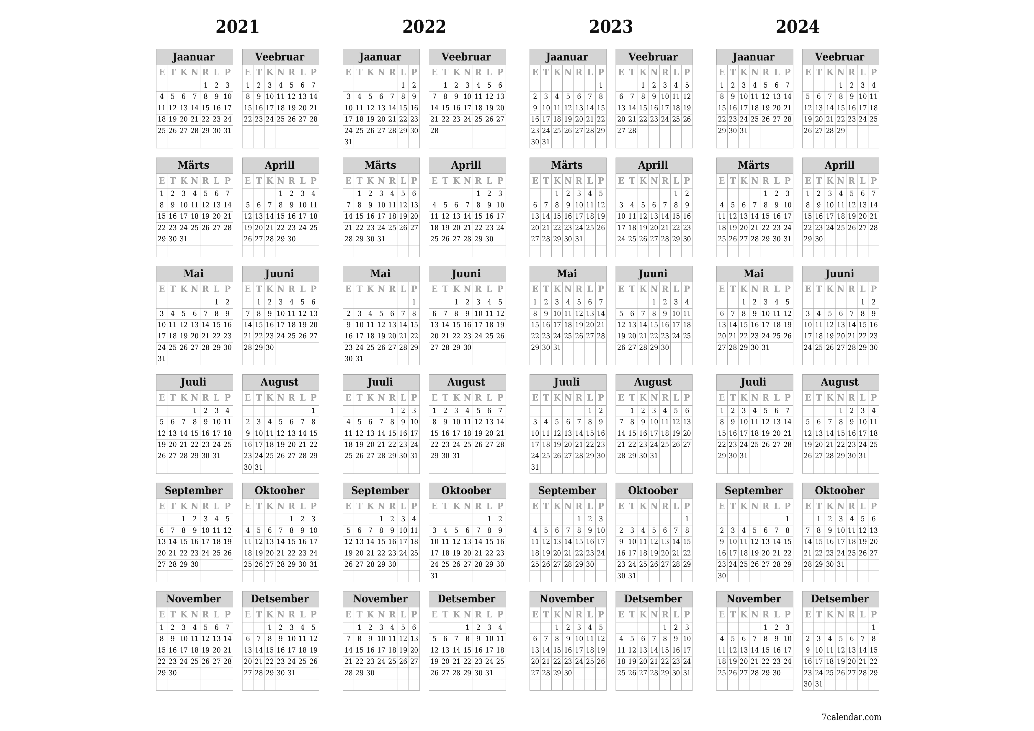 prinditav seina kalendri mall tasuta horisontaalne Iga-aastane kalender Veebruar (Veebr) 2021