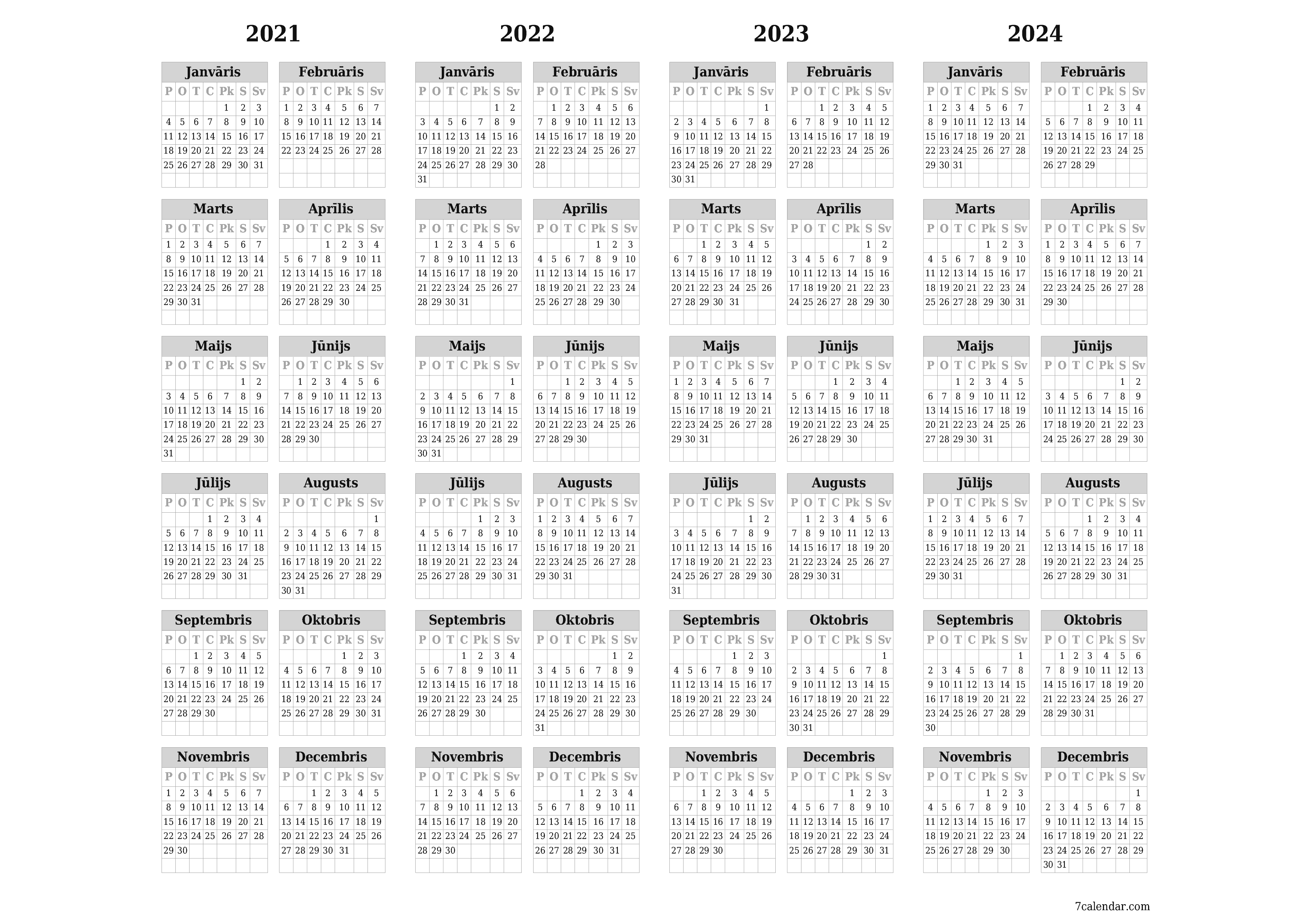 Tukšs gada plānotāja kalendārs gadam 2021, 2022, 2023, 2024 ar piezīmēm, saglabāšana un izdrukāšana PDF formātā PNG Latvian - 7calendar.com