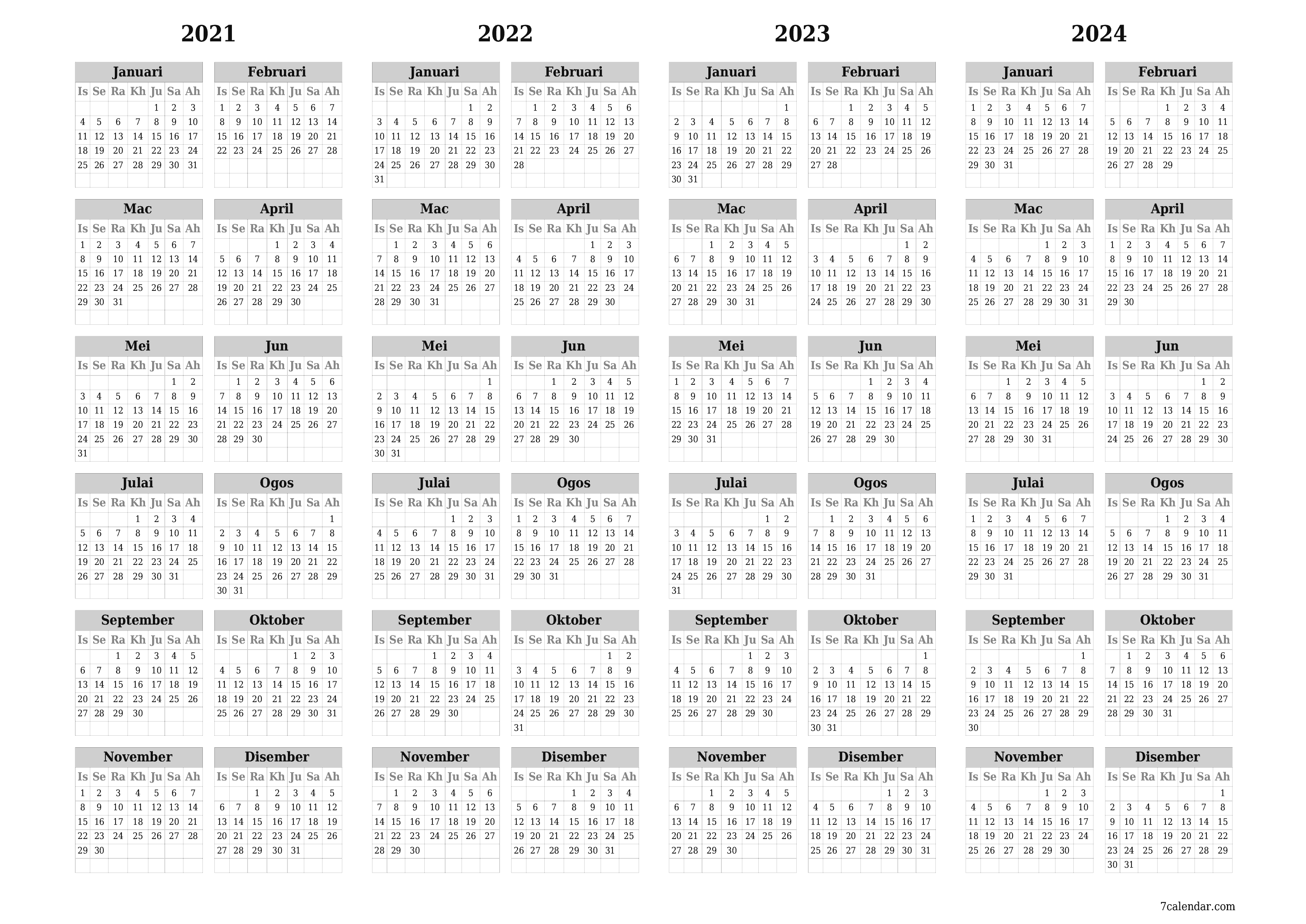 Kalendar perancang tahunan kosong untuk tahun ini 2021, 2022, 2023, 2024 dengan nota, simpan dan cetak ke PDF PNG Malay