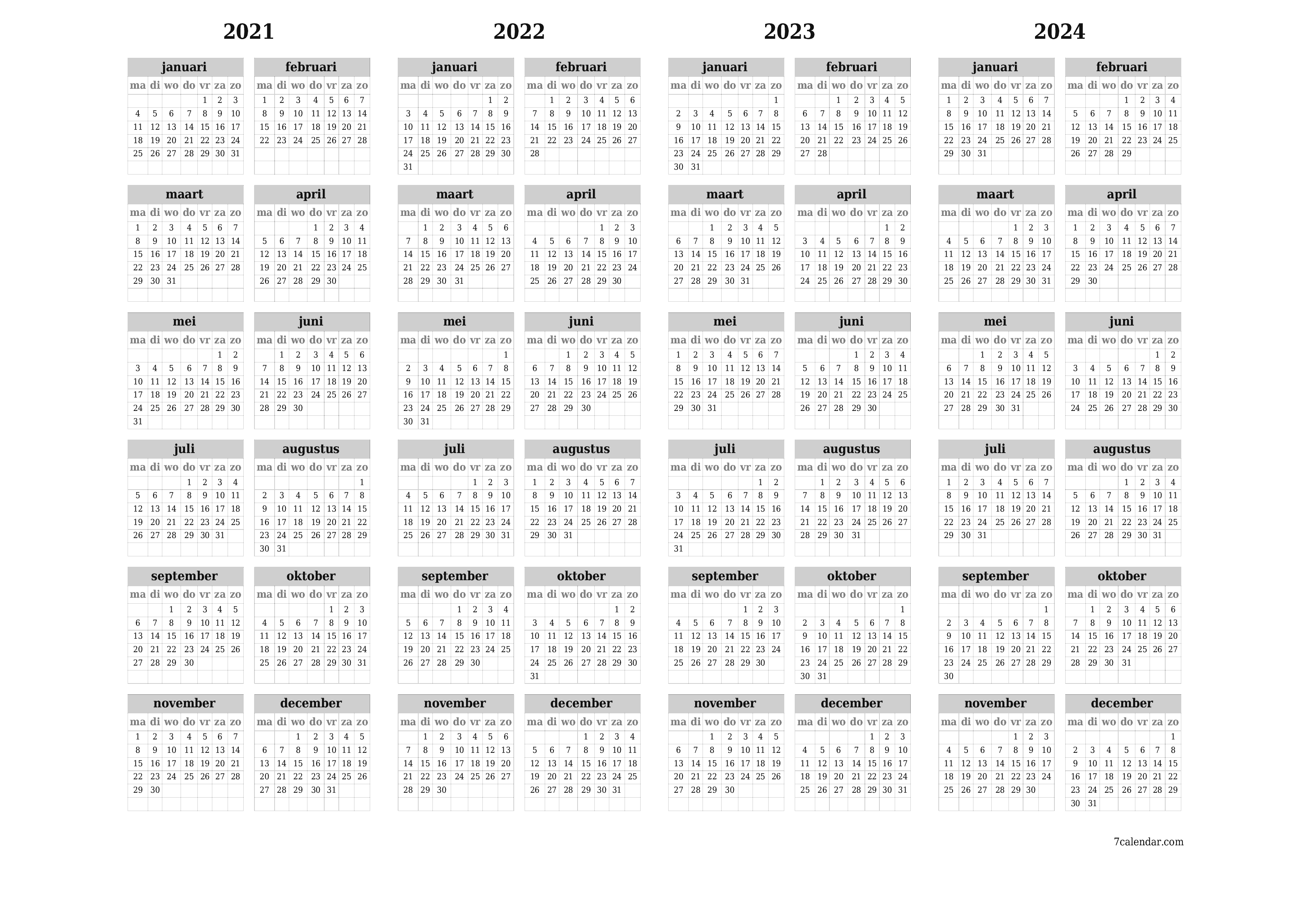 Blanco jaarkalender voor jaar 2021, 2022, 2023, 2024 opslaan en afdrukken naar pdf PNG Dutch - 7calendar.com