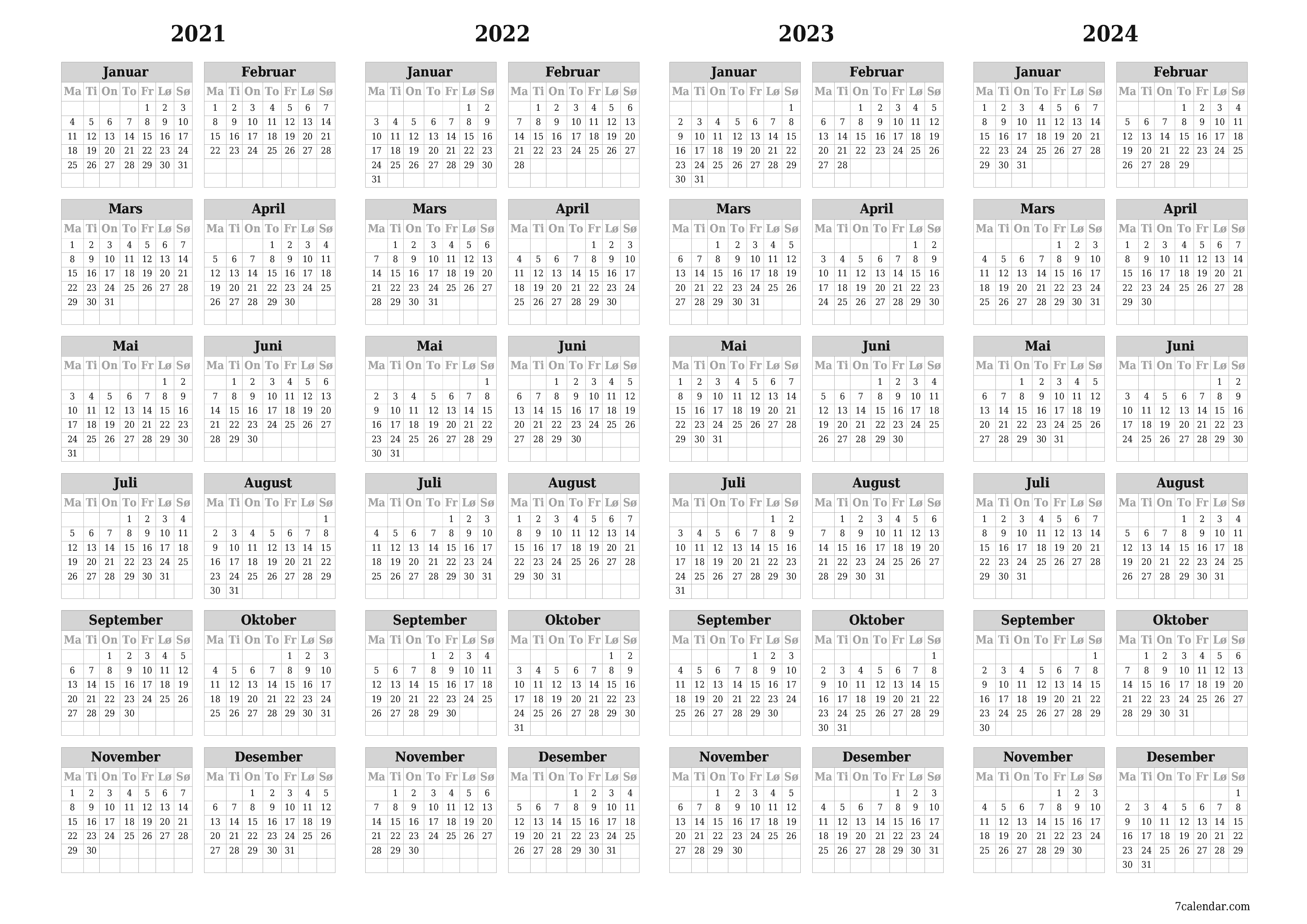 Tom årlig planleggerkalender for året 2021, 2022, 2023, 2024 med notater, lagre og skrive ut i PDF PNG Norwegian