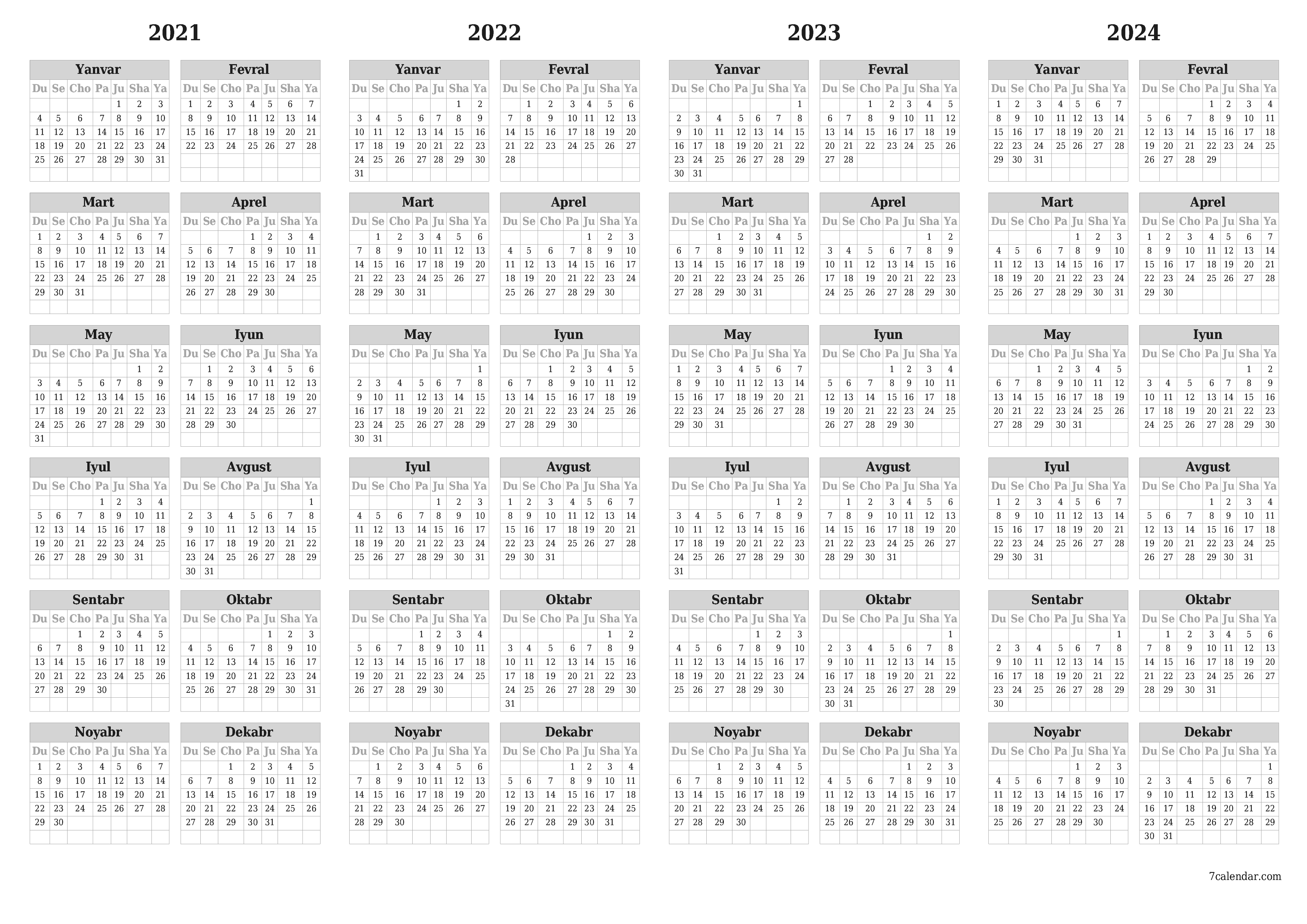 chop etiladigan devor taqvimi shabloni bepul gorizontal Yillik kalendar Fevral (Fev) 2021