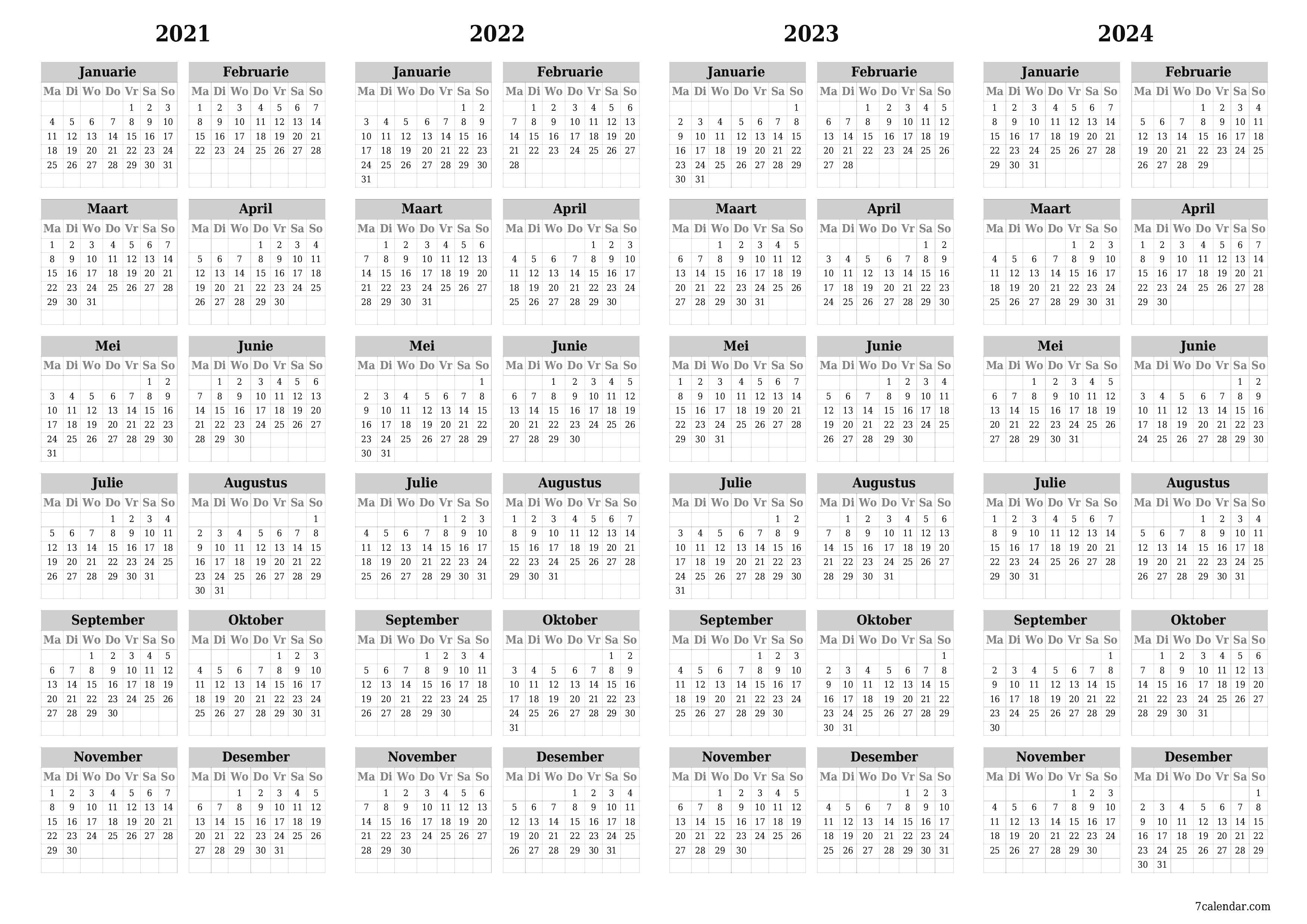 Leë jaarlikse drukbare kalender en beplanner vir die jaar 2021, 2022, 2023, 2024 met notas, stoor en druk na PDF PNG Afrikaans