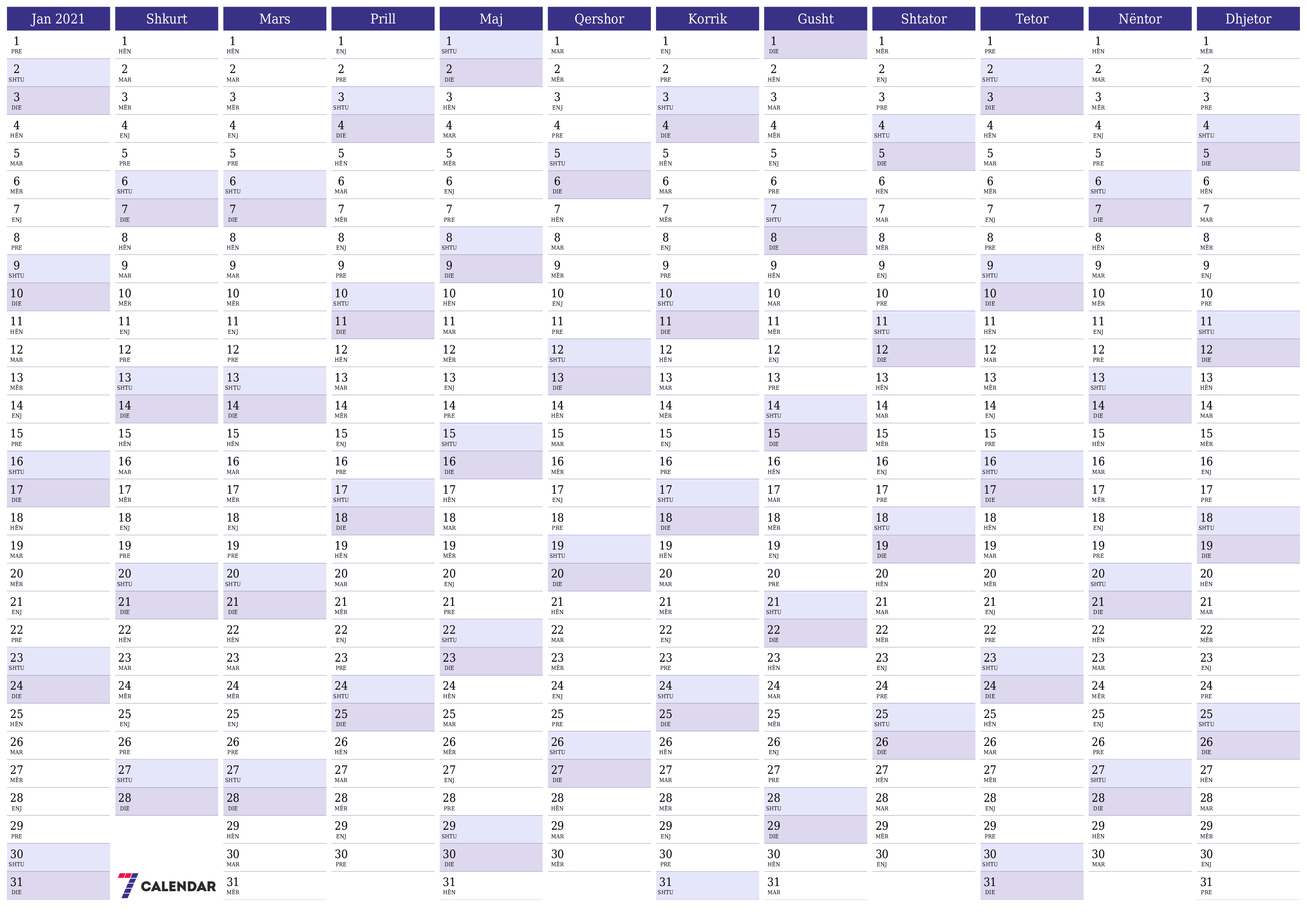 Planifikuesi bosh i kalendarit vjetor për vitin 2021 me shënime, ruani dhe printoni në PDF PNG Albanian
