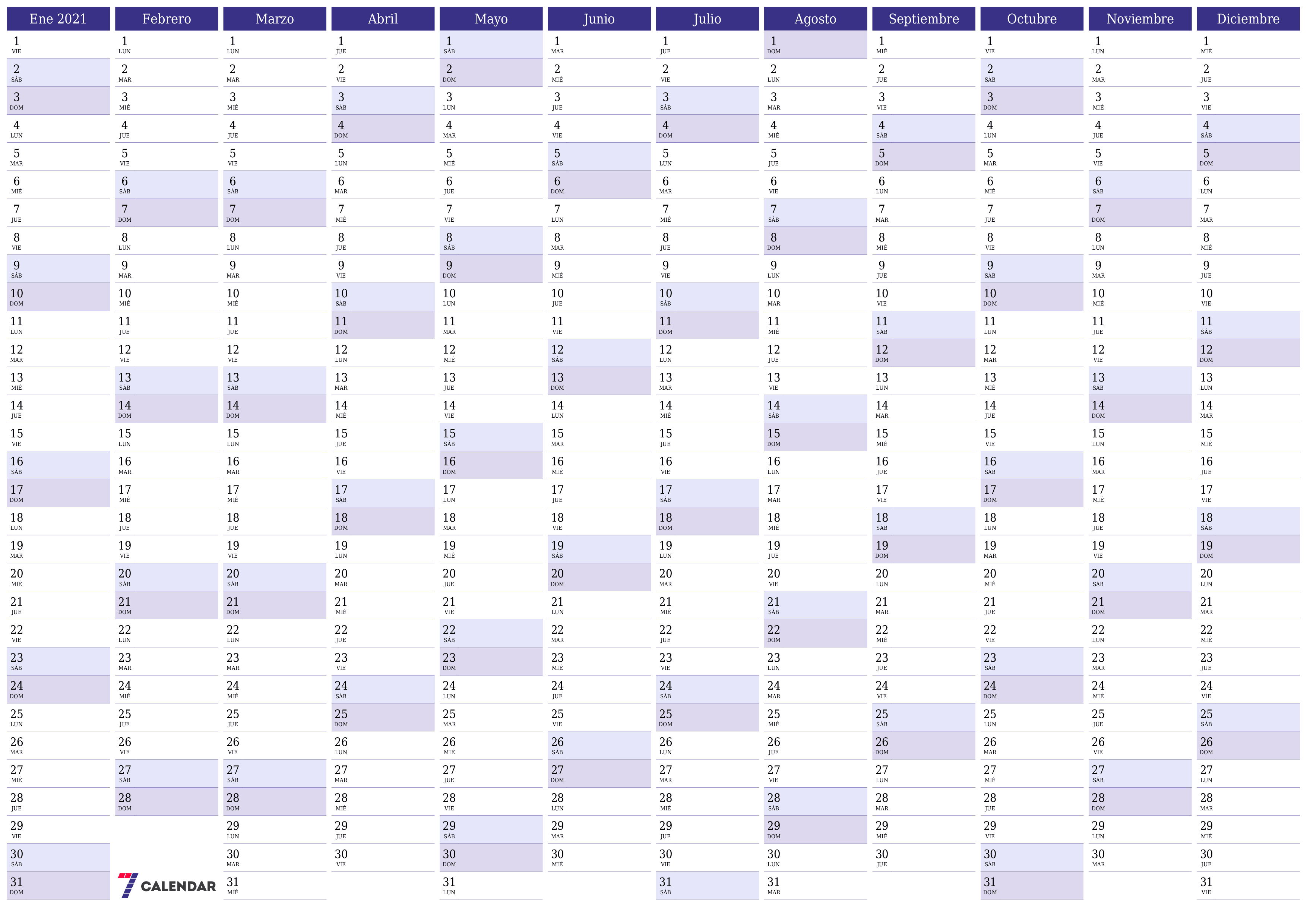 Calendario planificador anual vacío para el año 2021 con notas, guardar e imprimir en PDF PNG Spanish