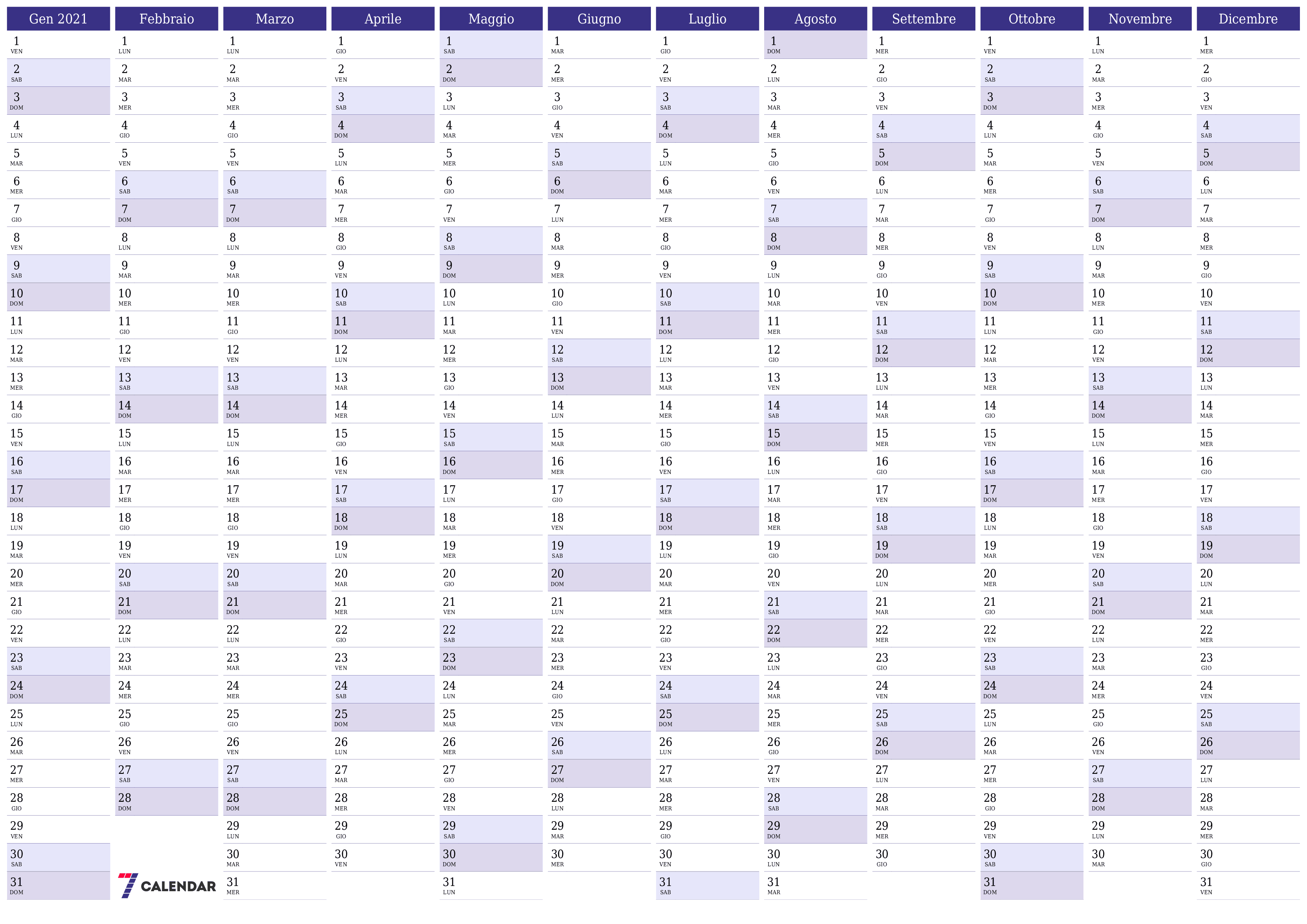 Calendario pianificatore annuale vuoto per l'anno 2021 con note, salva e stampa in PDF PNG Italian