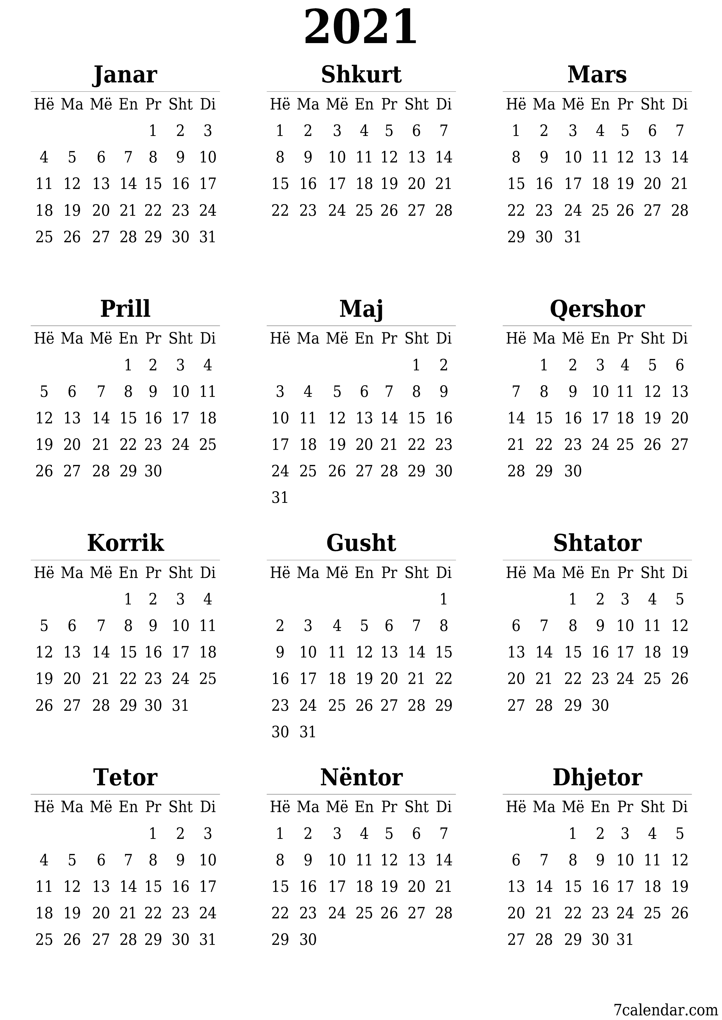 Kalendari bosh vjetor për vitin 2021 ruaj dhe printo në PDF PNG Albanian - 7calendar.com