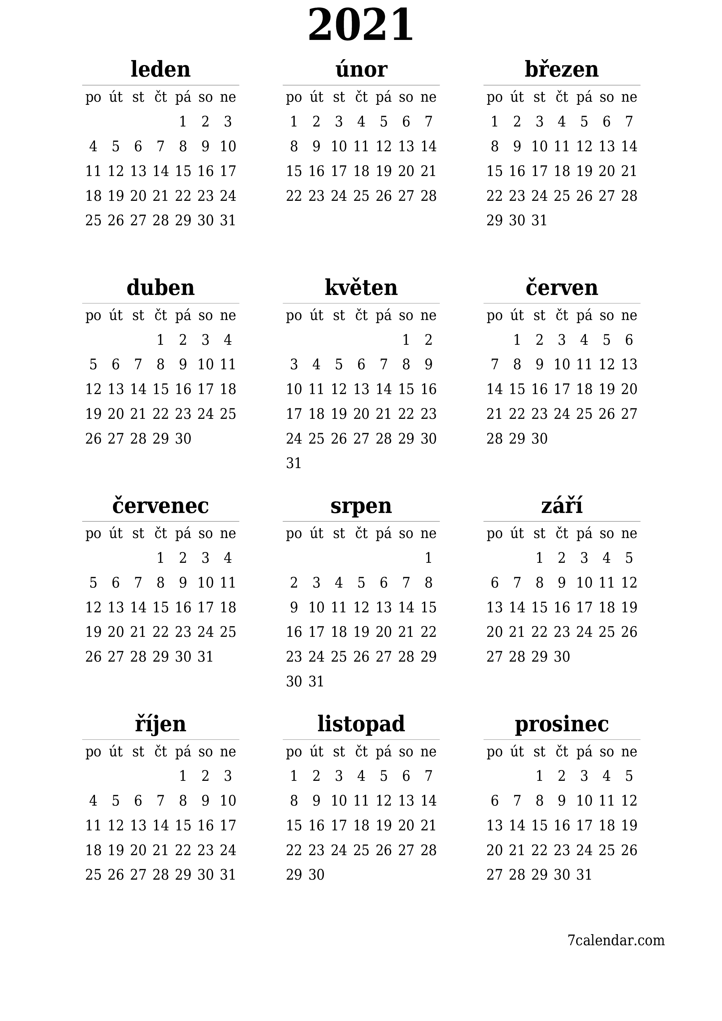 Prázdný roční kalendář pro rok 2021 uložit a vytisknout do PDF PNG Czech - 7calendar.com