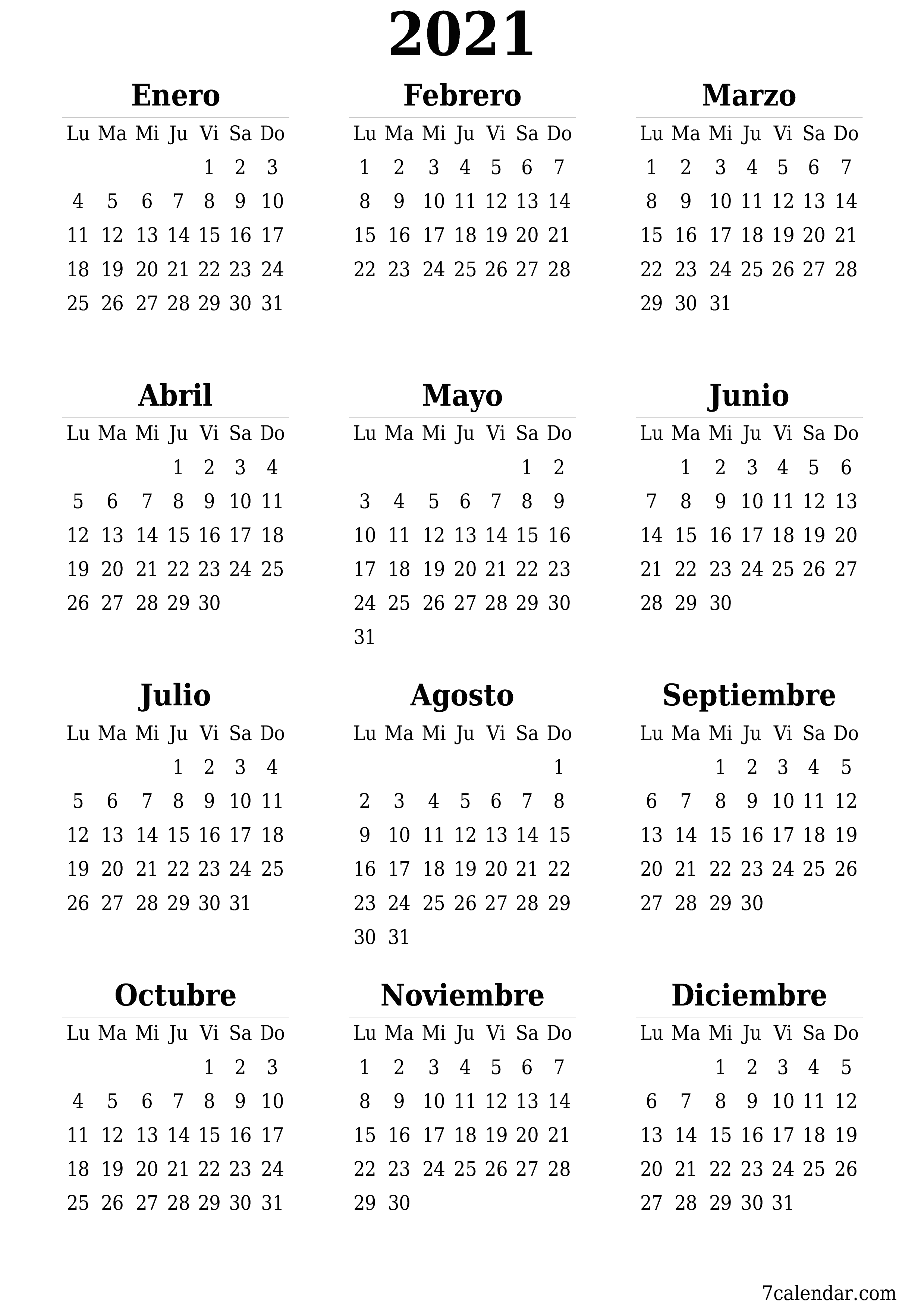 Calendario anual en blanco para el año 2021 guardar e imprimir en PDF PNG Spanish - 7calendar.com