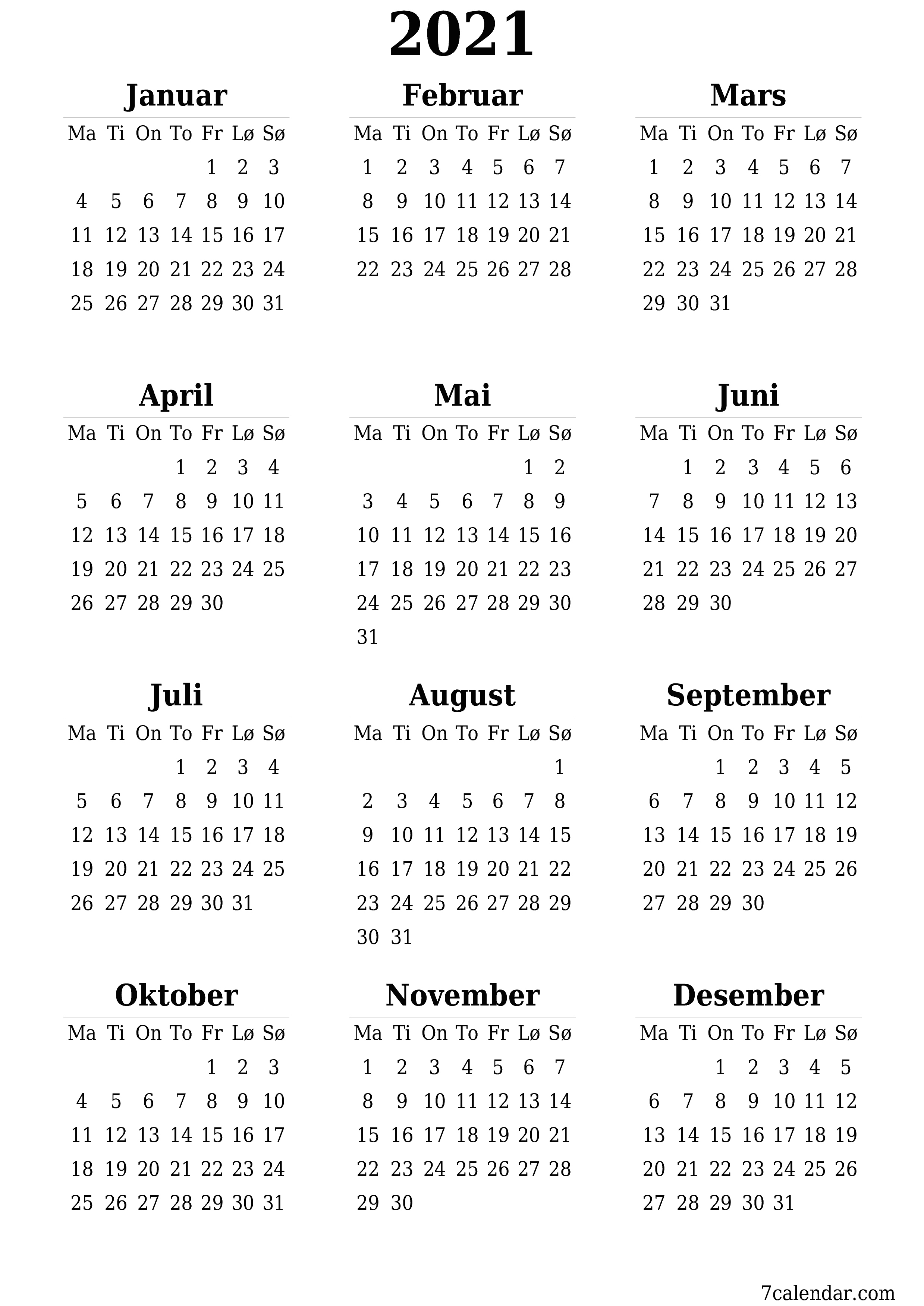 utskrivbar vegg mal gratis vertikal Årlig kalender Mars (Mar) 2021