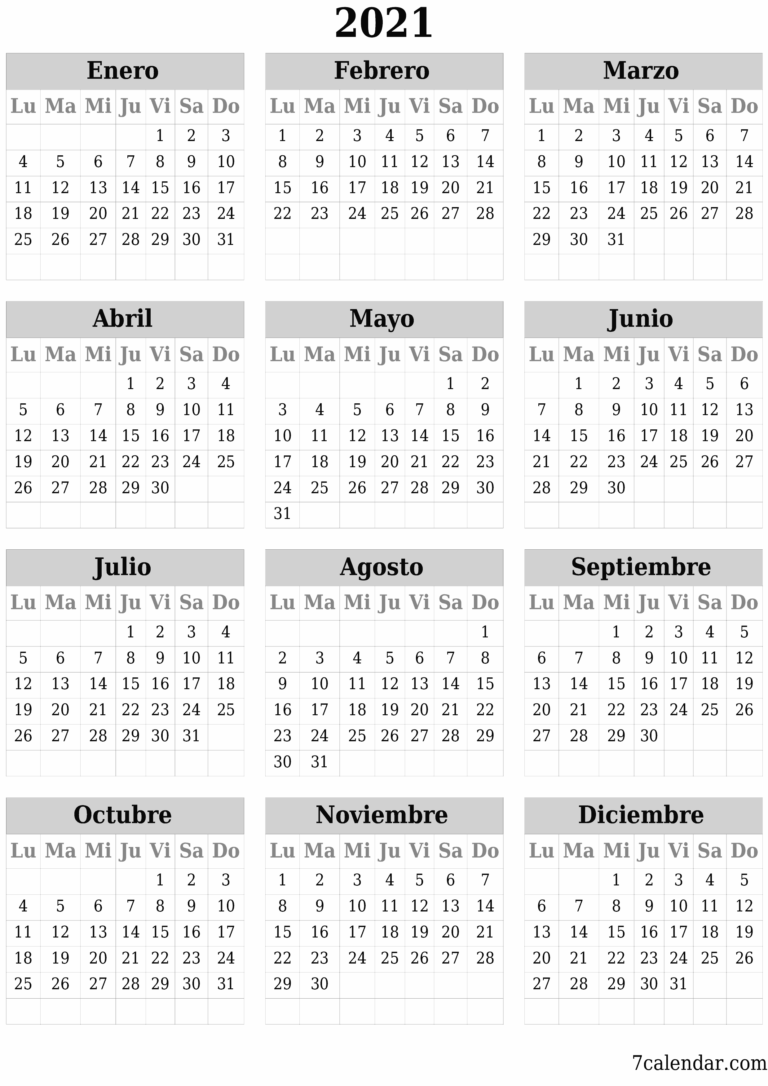 Calendario anual en blanco para el año 2021 guardar e imprimir en PDF PNG Spanish - 7calendar.com