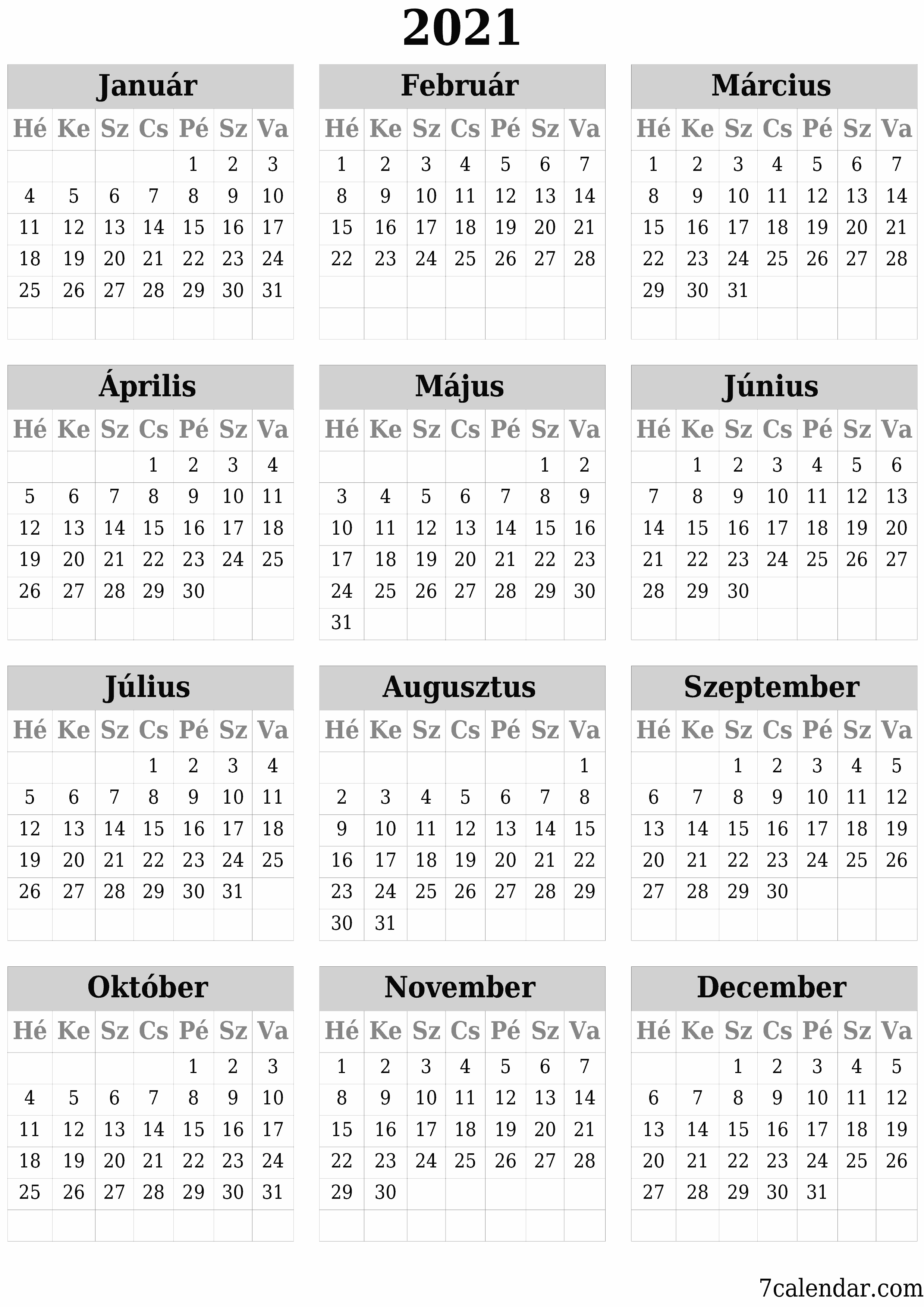 Üres éves tervezői naptár az évre 2021 jegyzetekkel, mentés és nyomtatás PDF-be PNG Hungarian