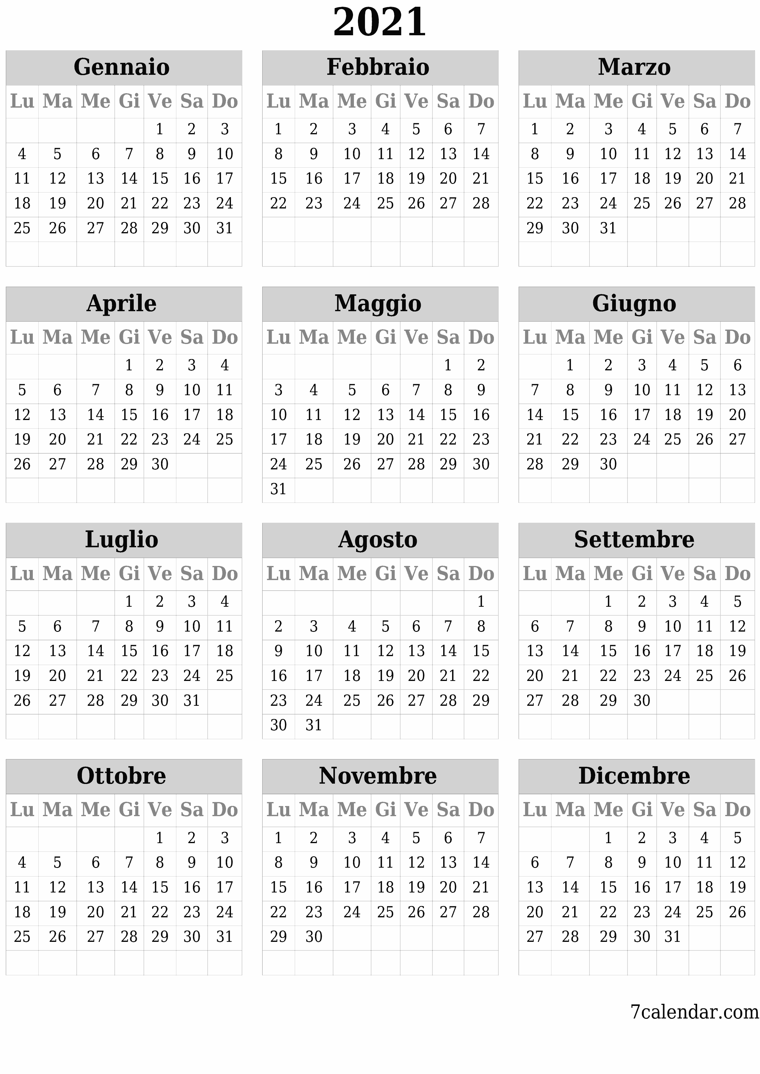 Calendario annuale vuoto per l'anno 2021 salva e stampa in PDF PNG Italian - 7calendar.com
