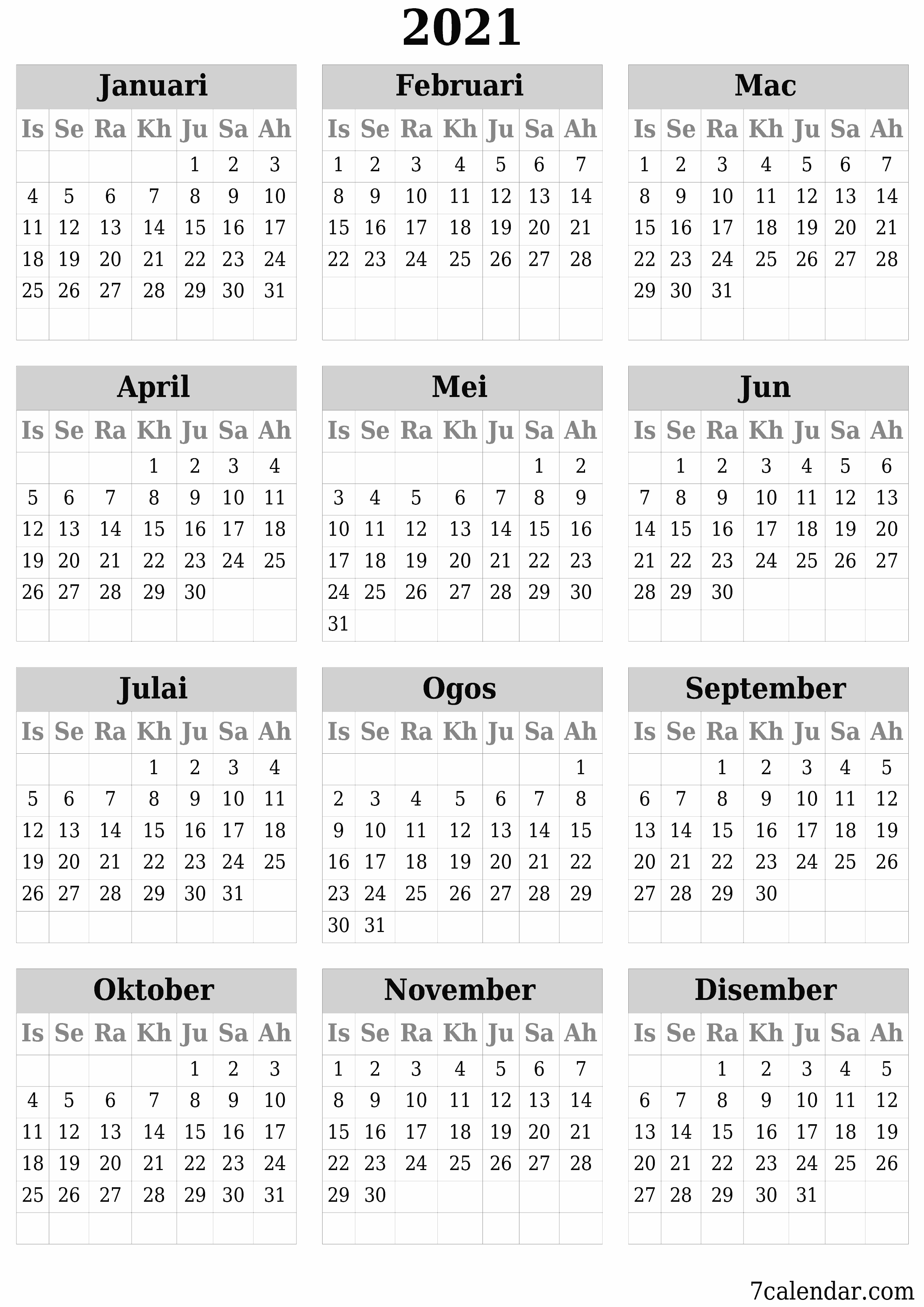 Kalendar perancang tahunan kosong untuk tahun ini 2021 dengan nota, simpan dan cetak ke PDF PNG Malay