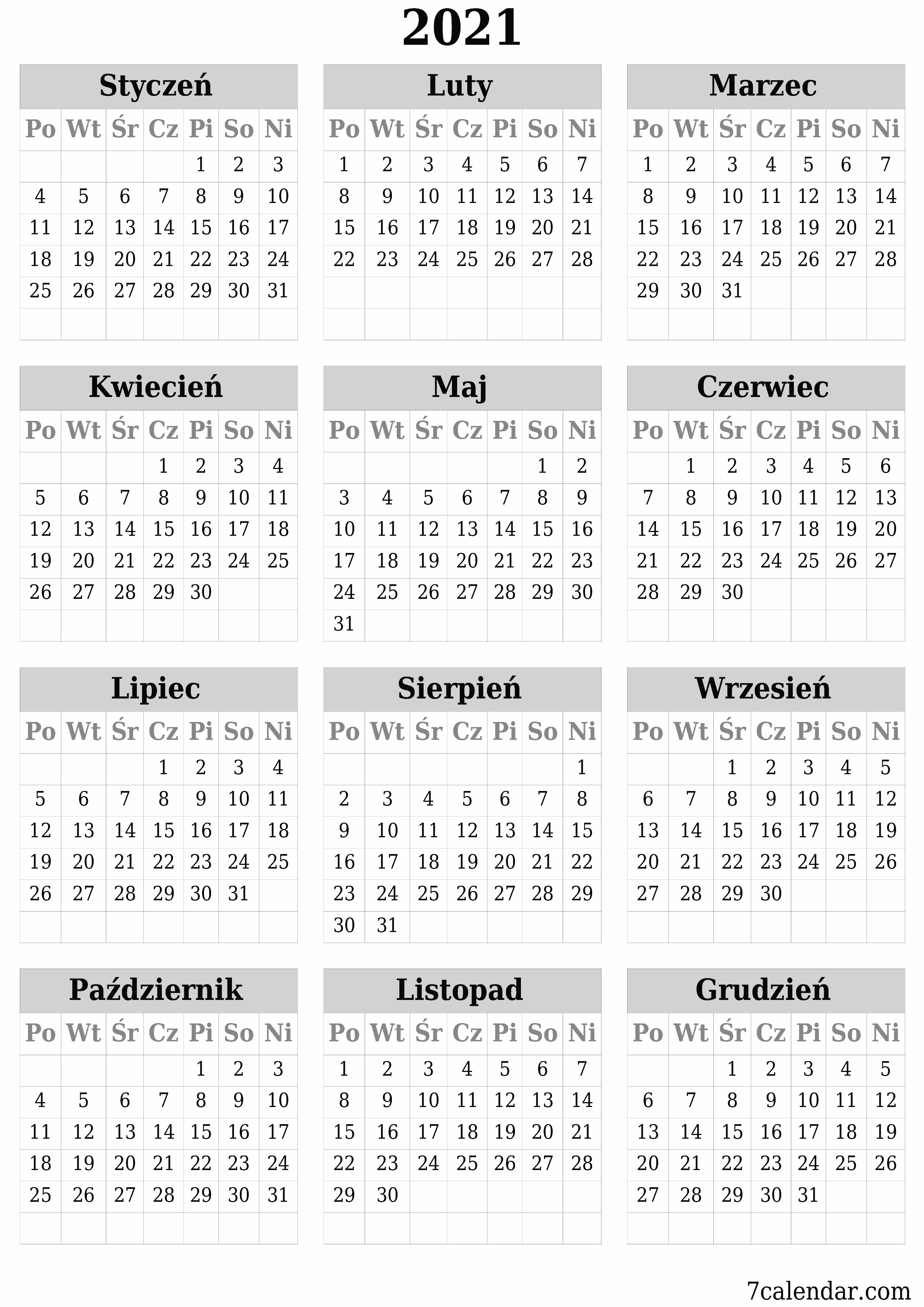 Opróżnij kalendarz rocznego planowania na rok 2021 z notatkami, zapisz i wydrukuj w formacie PDF PNG Polish