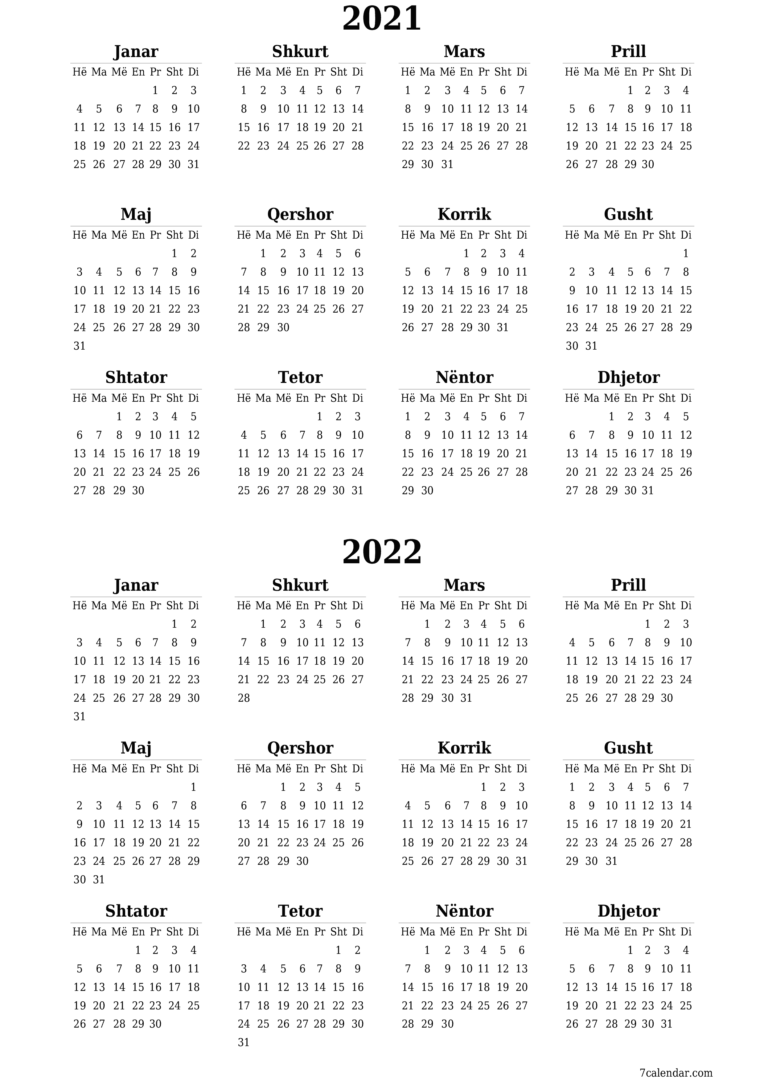 Kalendari bosh vjetor për vitin 2021, 2022 ruaj dhe printo në PDF PNG Albanian - 7calendar.com