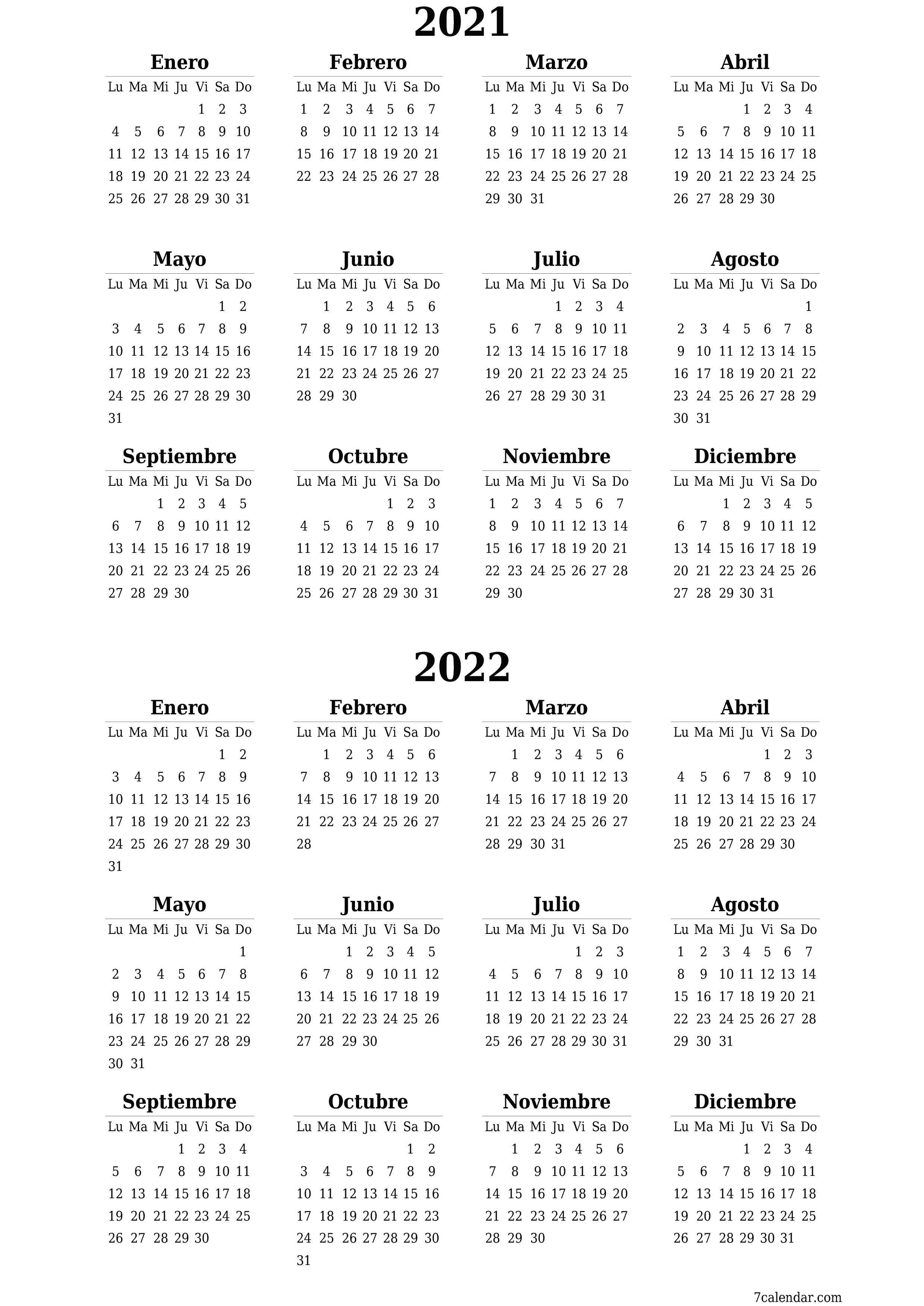Calendario planificador anual vacío para el año 2021, 2022 con notas, guardar e imprimir en PDF PNG Spanish