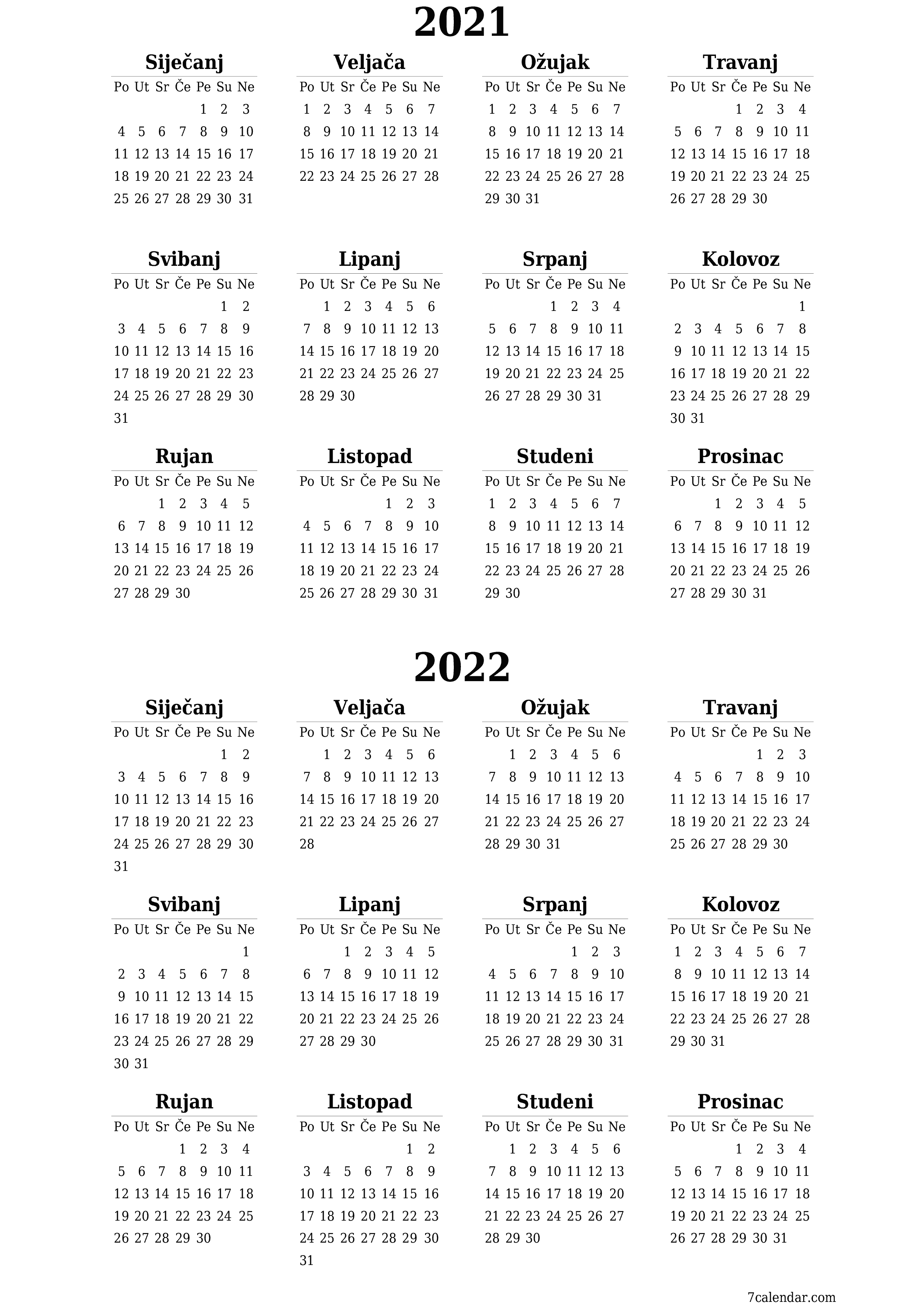  za ispis zidni predložak a besplatni okomito Godišnje kalendar Ožujak (Ožu) 2021