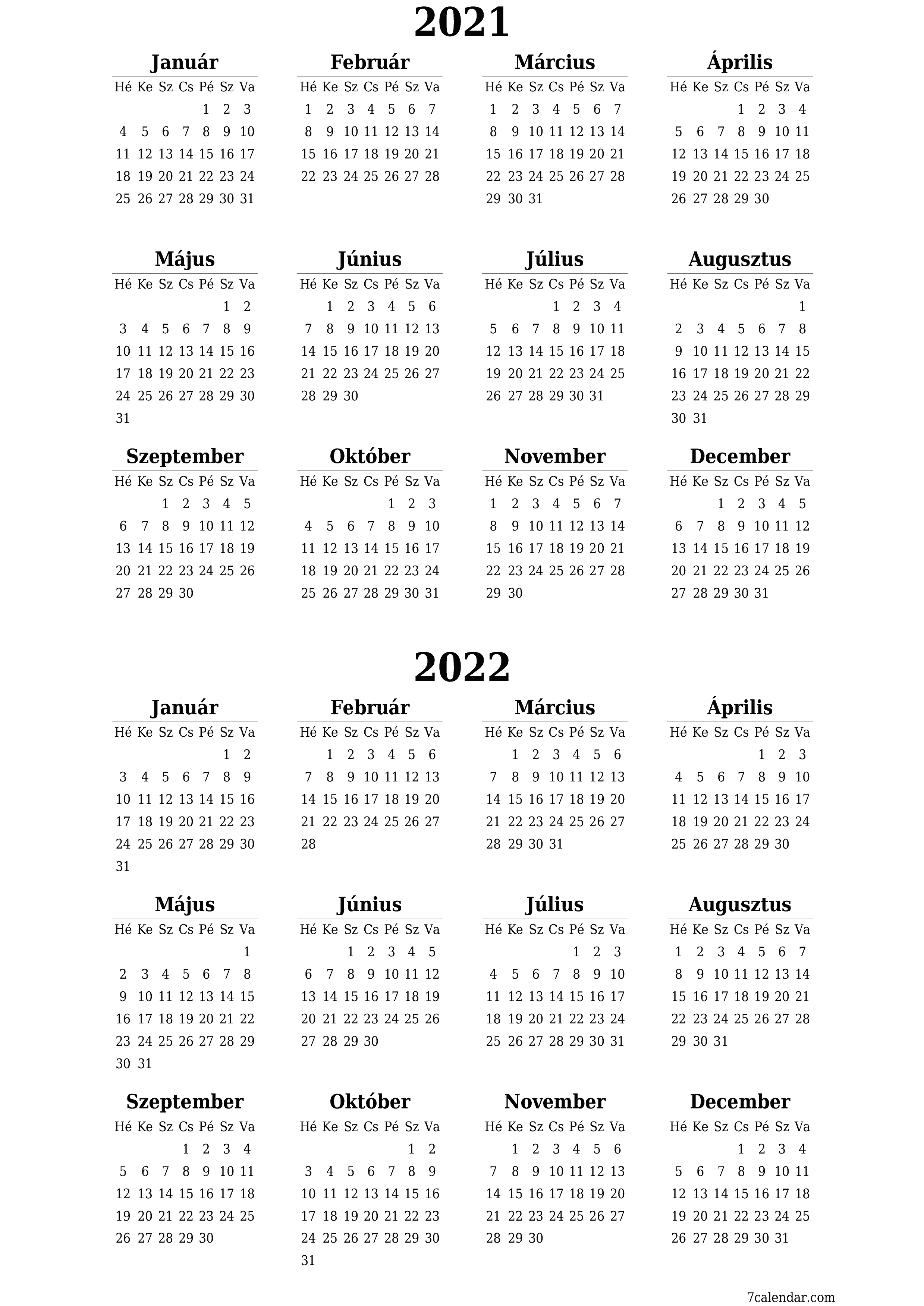 Üres éves tervezői naptár az évre 2021, 2022 jegyzetekkel, mentés és nyomtatás PDF-be PNG Hungarian