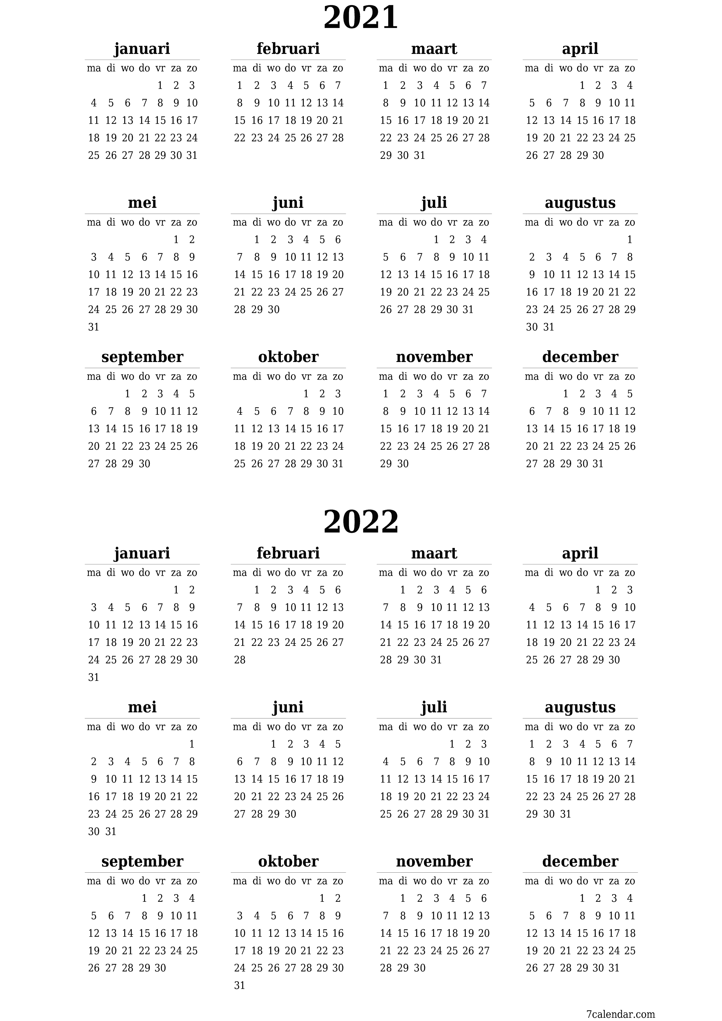 Blanco jaarkalender voor jaar 2021, 2022 opslaan en afdrukken naar pdf PNG Dutch - 7calendar.com
