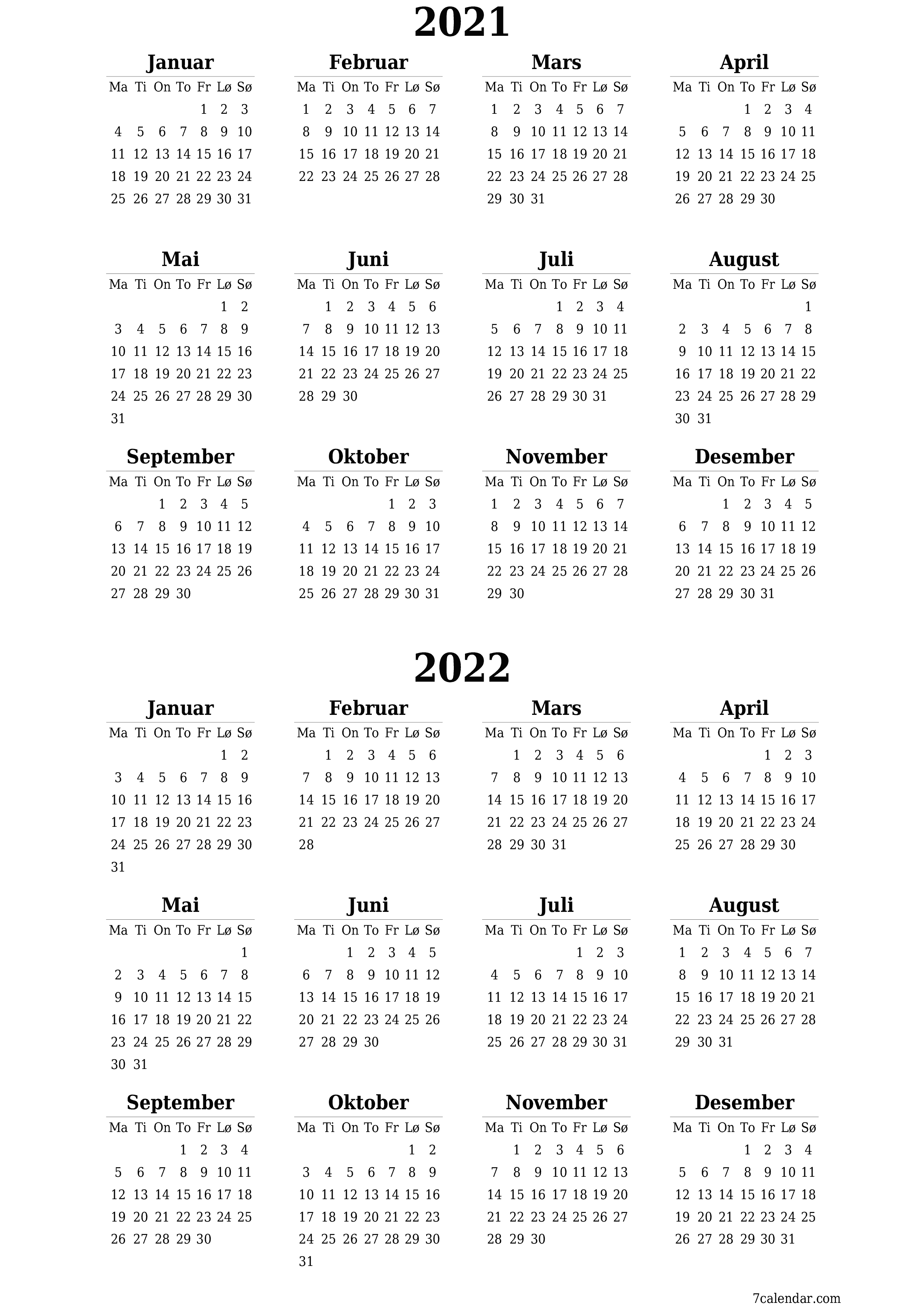 Tom årlig planleggerkalender for året 2021, 2022 med notater, lagre og skrive ut i PDF PNG Norwegian
