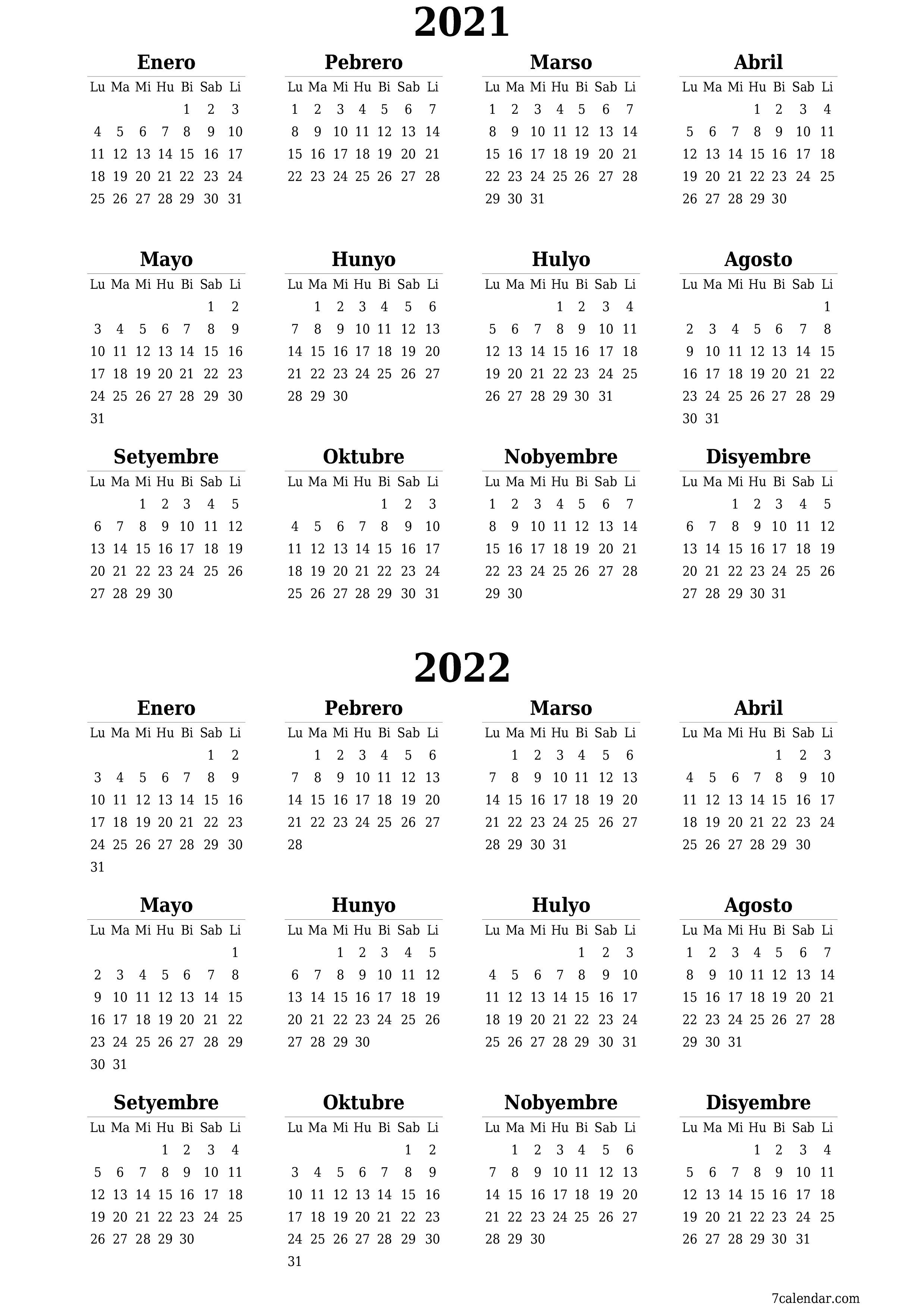 Walang laman ang taunang kalendaryo ng tagaplano para sa taong 2021, 2022 na may mga tala, i-save at i-print sa PDF PNG Filipino - 7calendar.com