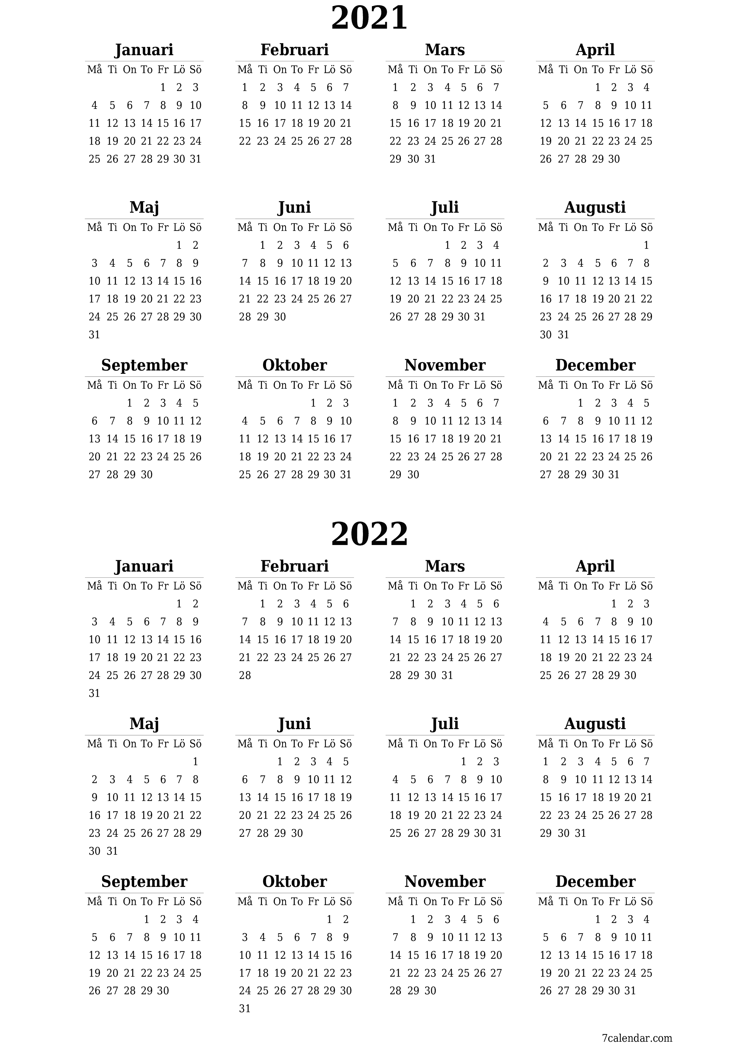 utskrivbar vägg mall gratis vertikal Årlig kalender Januari (Jan) 2021
