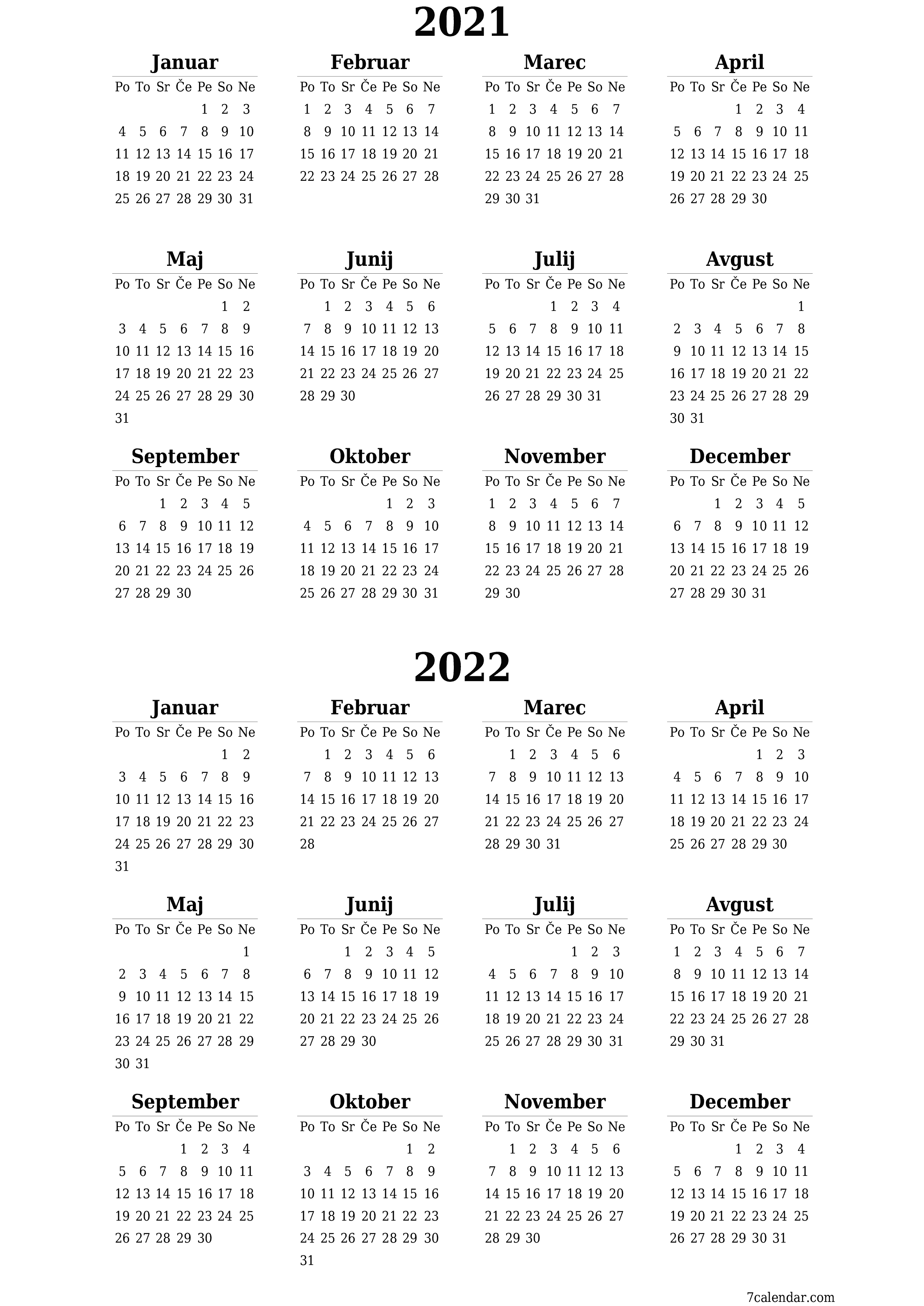 Prazen letni načrtovalec koledarja za leto 2021, 2022 z opombami za tiskanje v PDF-ju PNG Slovenian