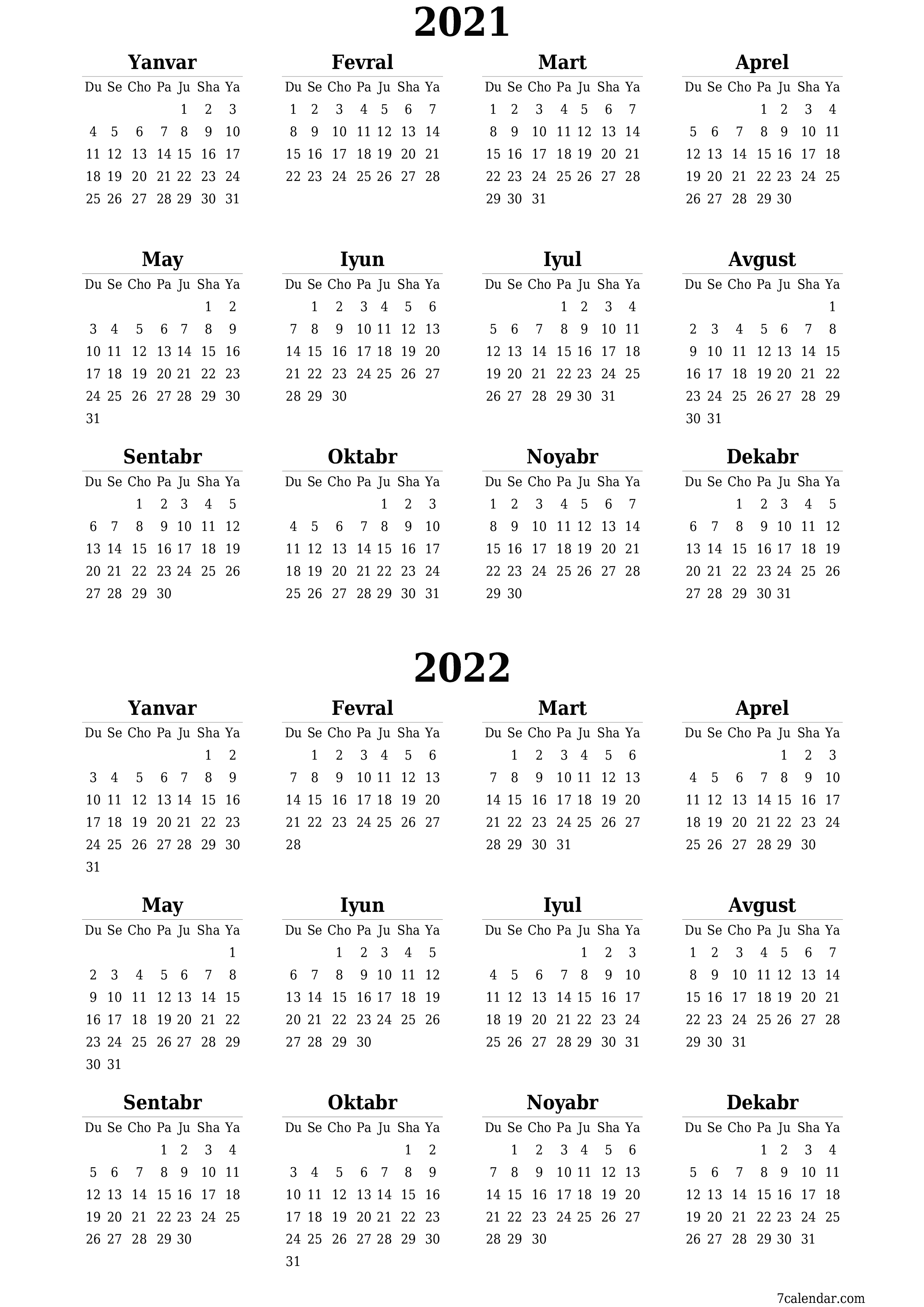 chop etiladigan devor taqvimi shabloni bepul vertikal Yillik kalendar Fevral (Fev) 2021