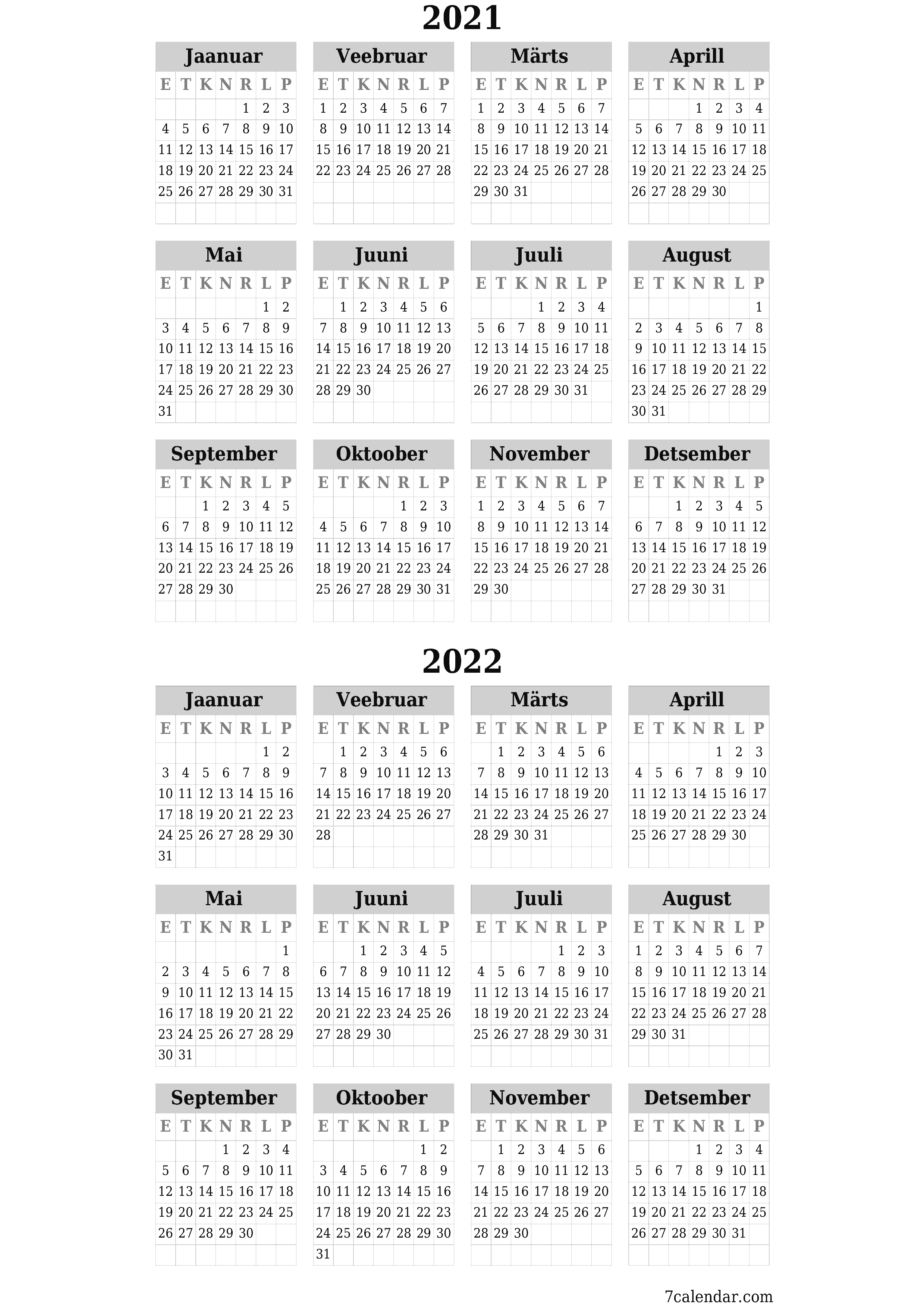 Tühi aasta planeerija kalender aastaks 2021, 2022 koos märkmetega, salvestage ja printige PDF-i PNG Estonian