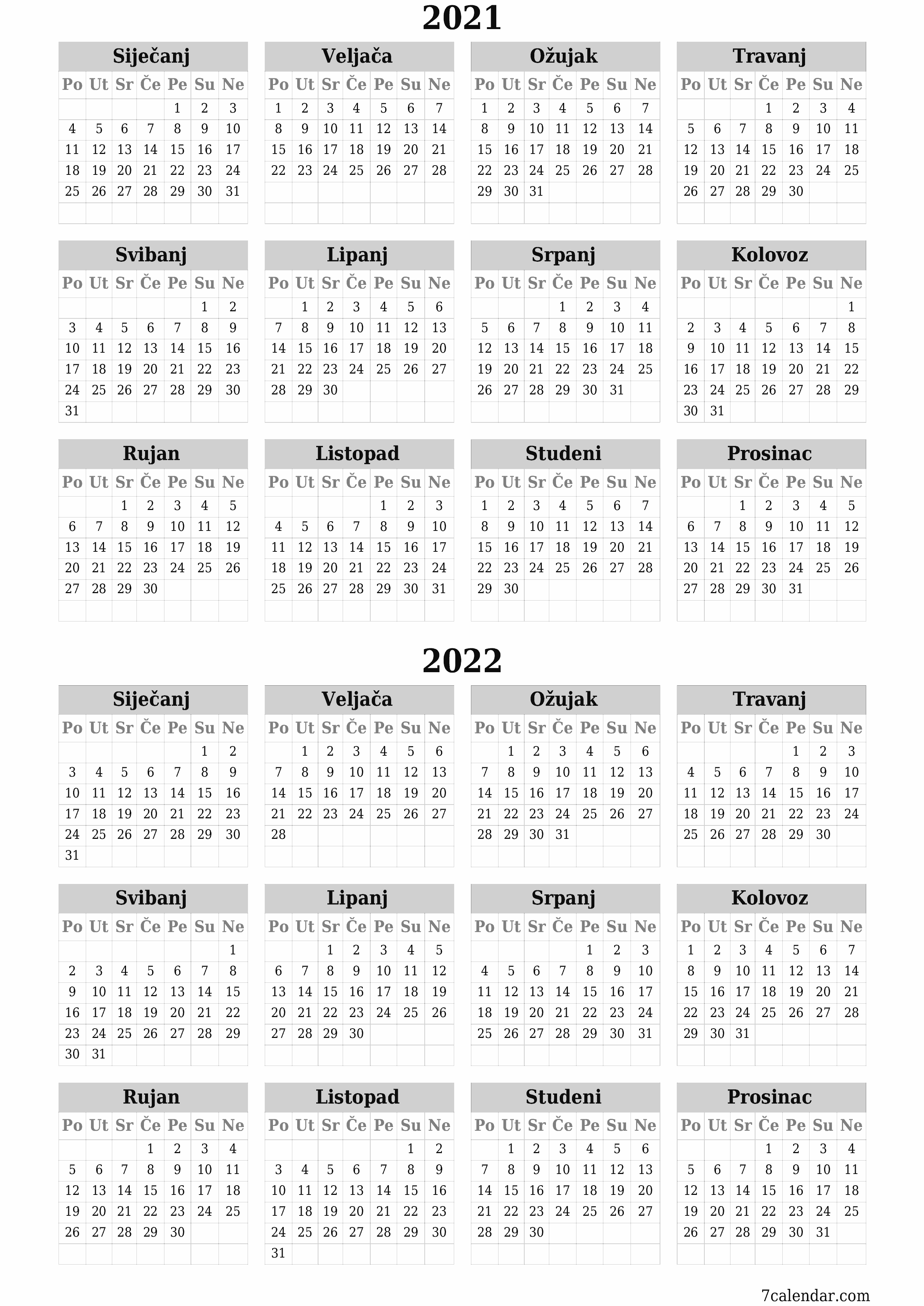  za ispis zidni predložak a besplatni okomito Godišnje kalendar Siječanj (Sij) 2021