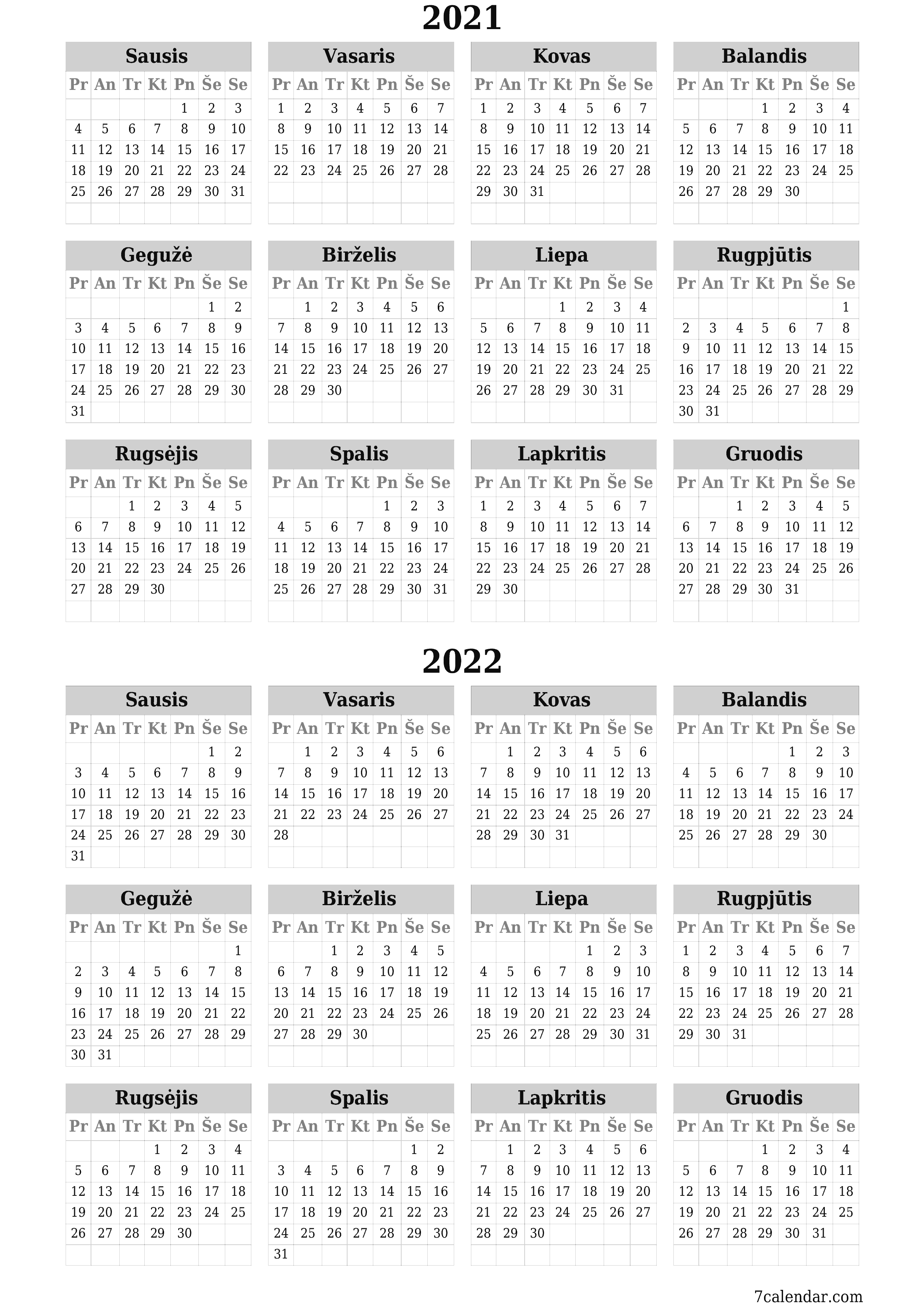 Tuščias metų planavimo kalendorius 2021, 2022 su užrašais, išsaugokite ir atsispausdinkite PDF formatu PNG Lithuanian - 7calendar.com