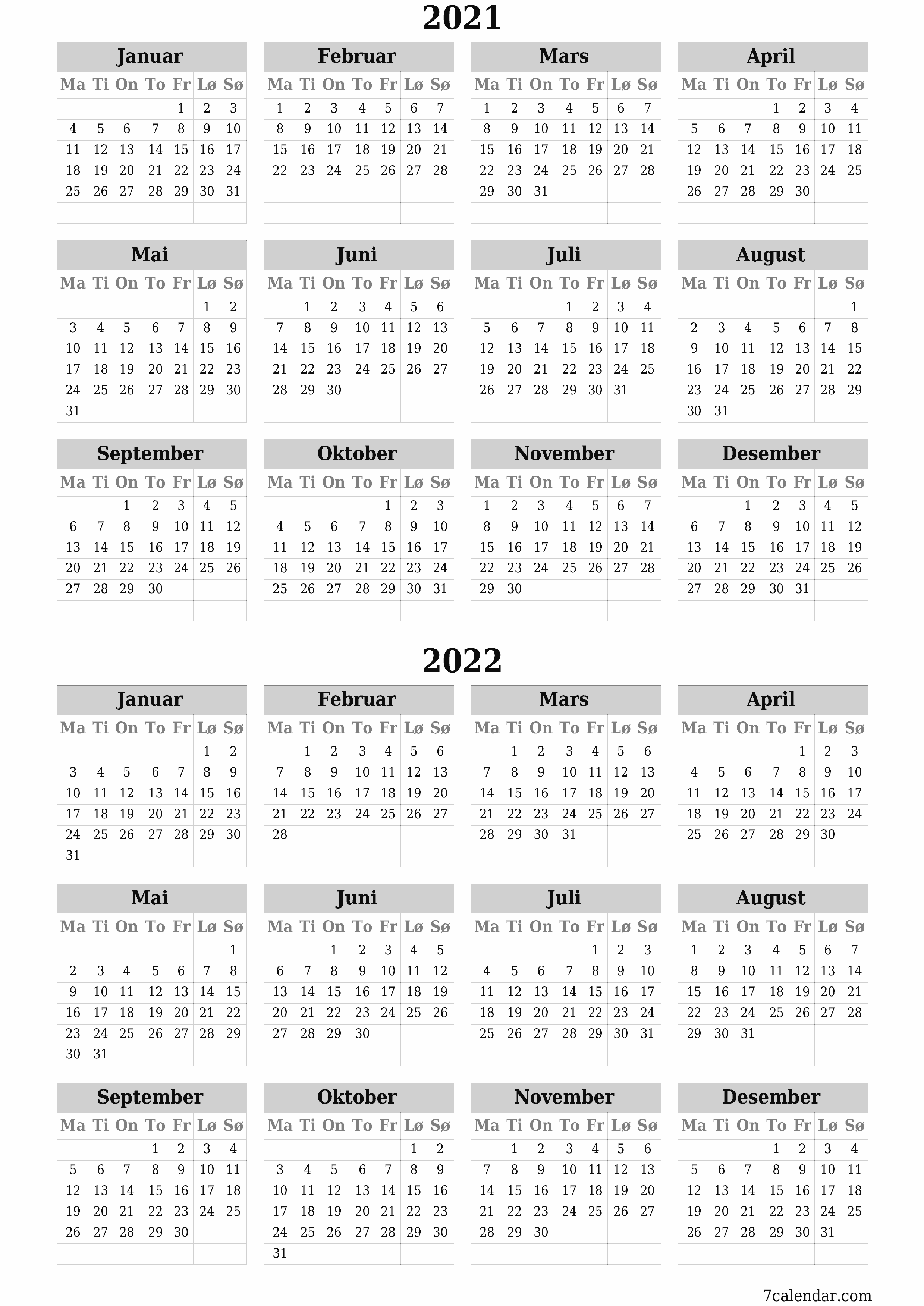 Tom årlig planleggerkalender for året 2021, 2022 med notater, lagre og skrive ut i PDF PNG Norwegian
