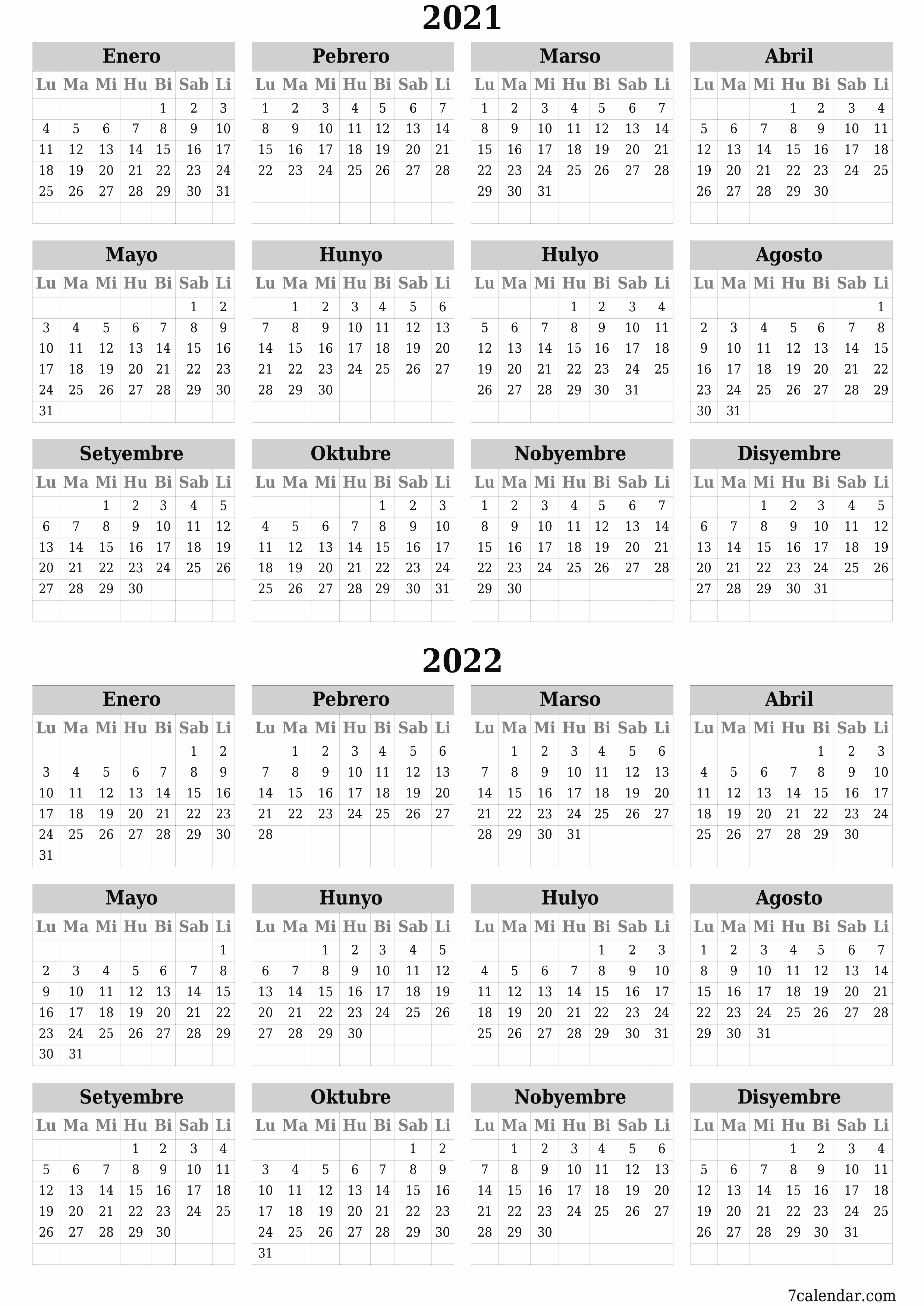 Walang laman ang taunang kalendaryo ng tagaplano para sa taong 2021, 2022 na may mga tala, i-save at i-print sa PDF PNG Filipino - 7calendar.com