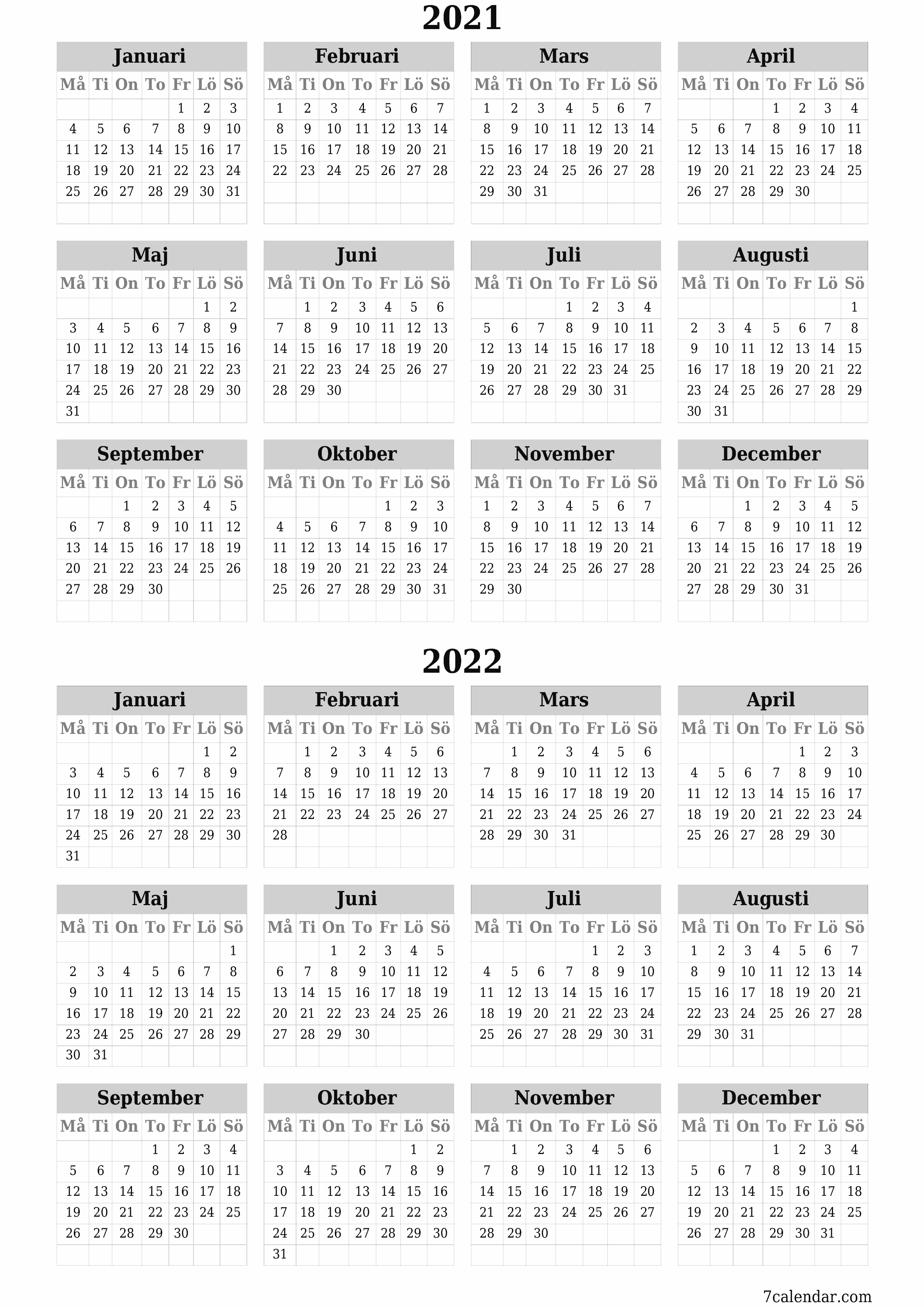Tom årlig planeringskalender för året 2021, 2022 med anteckningar, spara och skriv ut till PDF PNG Swedish