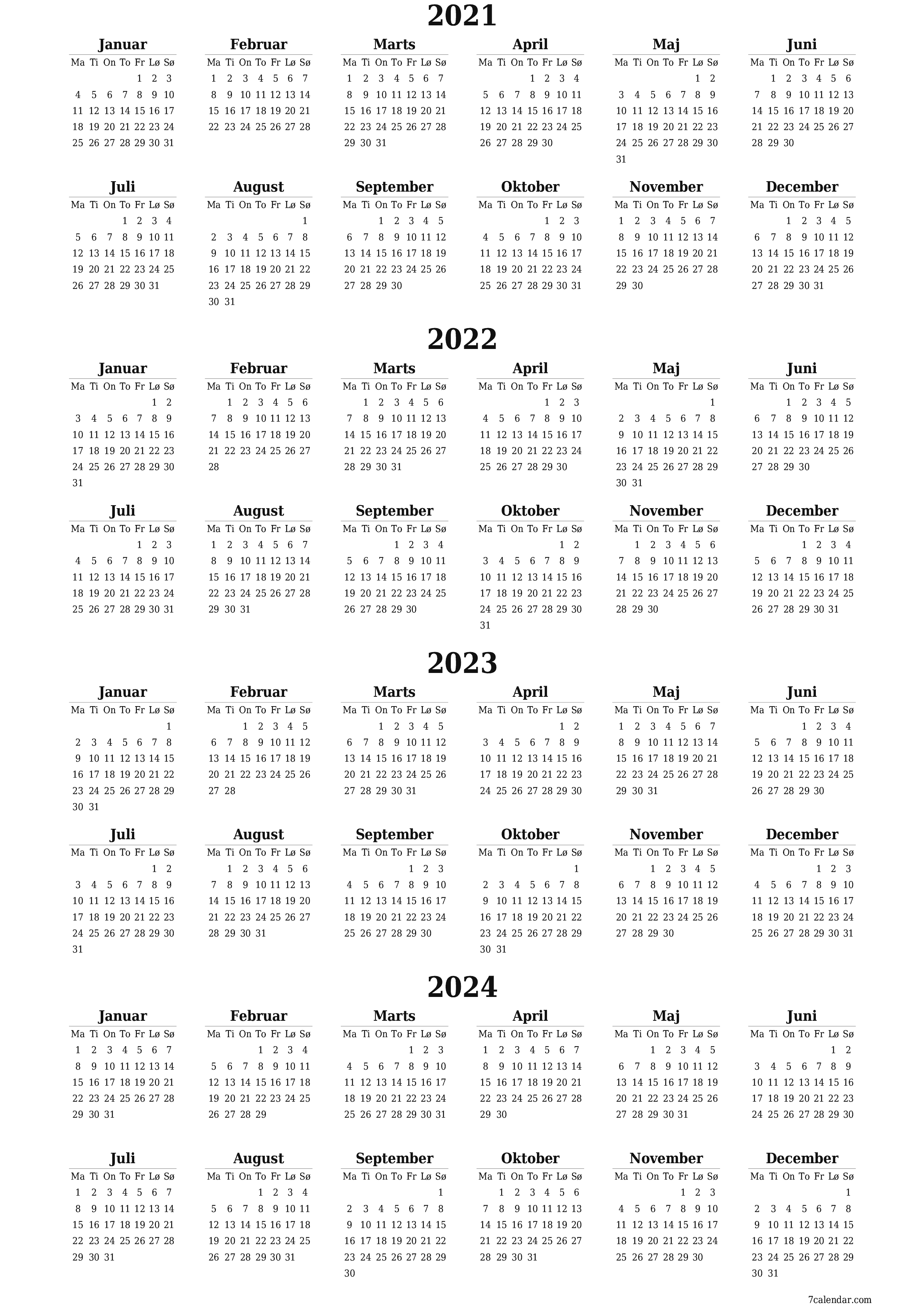 Tom årskalender for år 2021, 2022, 2023, 2024 gem og udskriv til PDF PNG Danish - 7calendar.com
