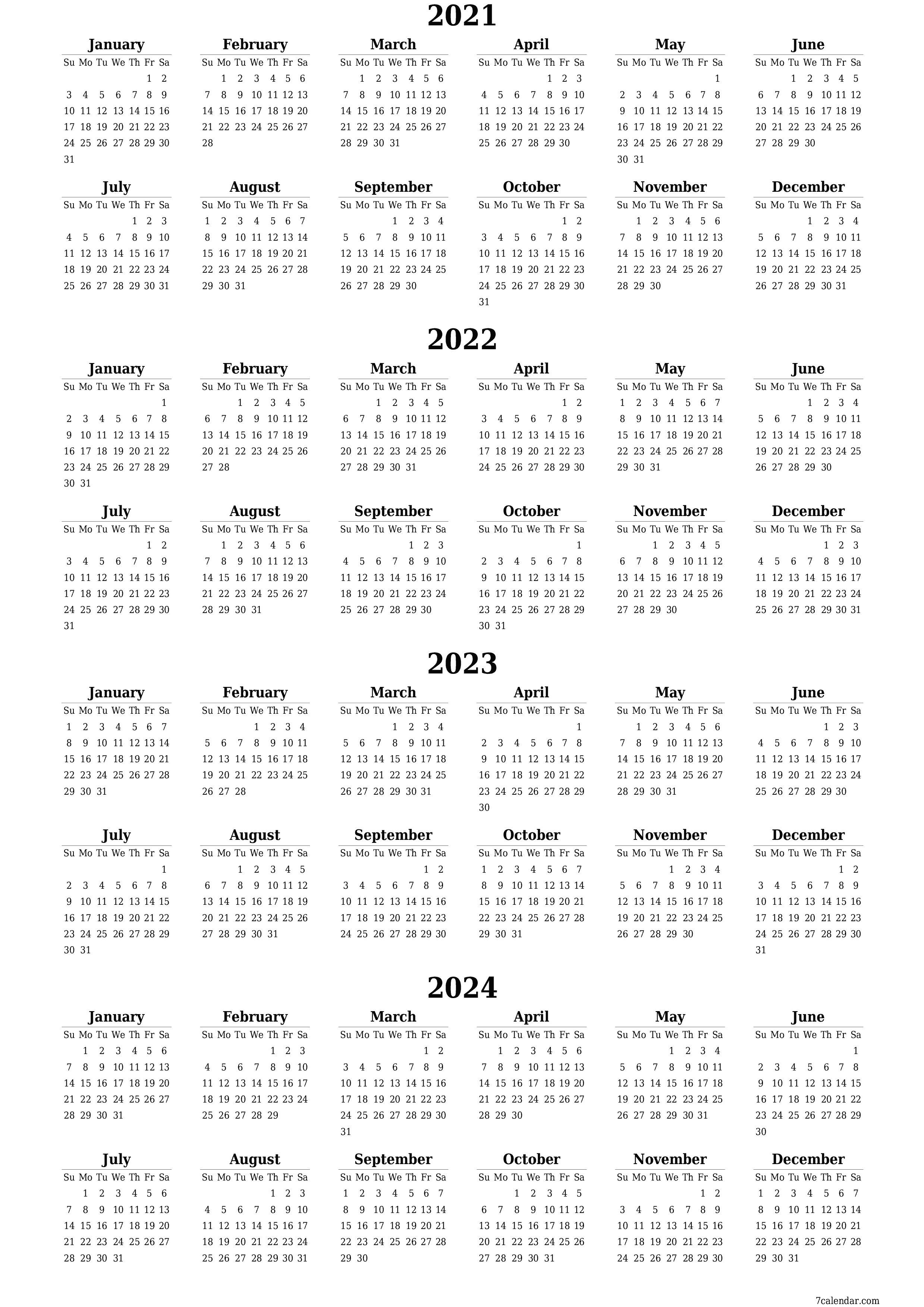 Blank yearly printable calendar and planner for the year 2021, 2022, 2023, 2024 with notes, save and print to PDF PNG English - 7calendar.com