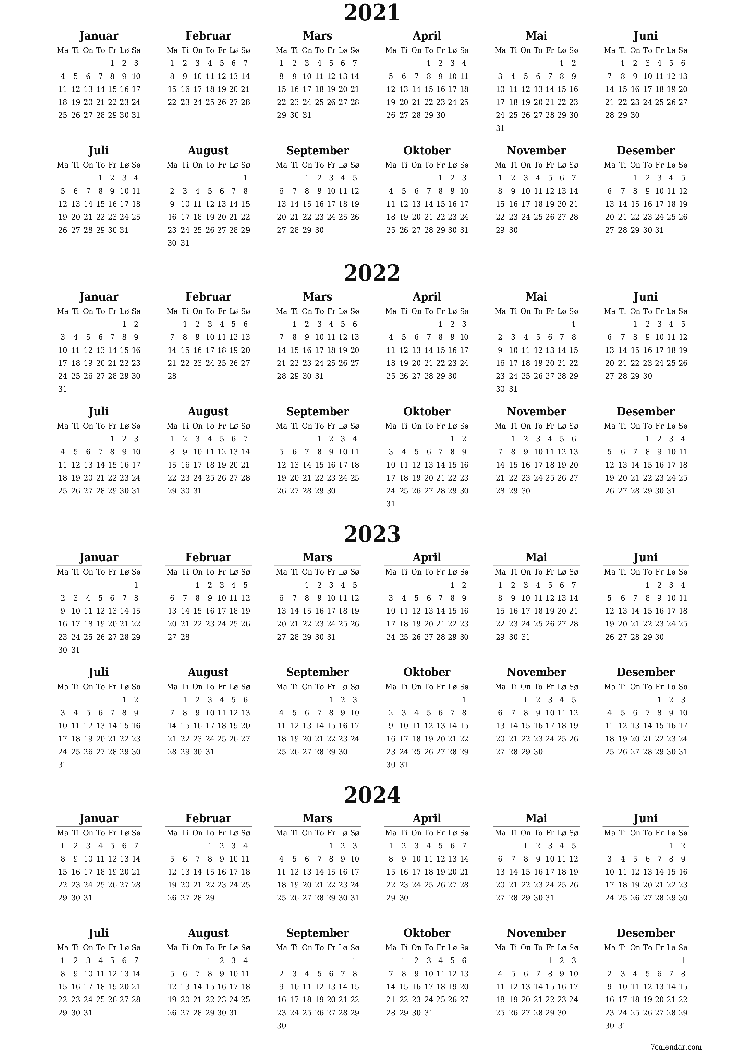 Tom årlig planleggerkalender for året 2021, 2022, 2023, 2024 med notater, lagre og skrive ut i PDF PNG Norwegian
