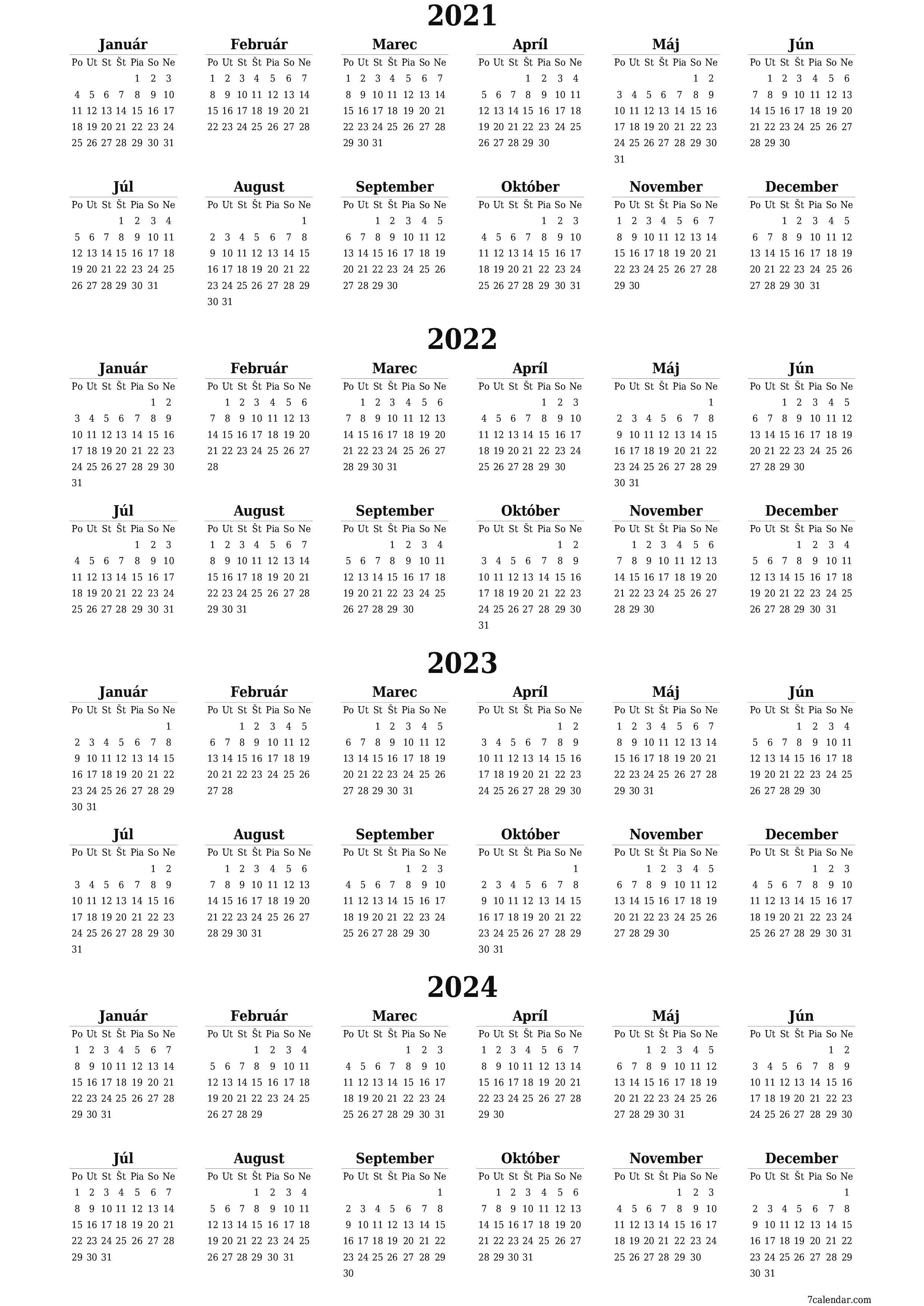 Prázdny ročný kalendár plánovača na rok 2021, 2022, 2023, 2024 s poznámkami, uložením a tlačou do formátu PDF PNG Slovak