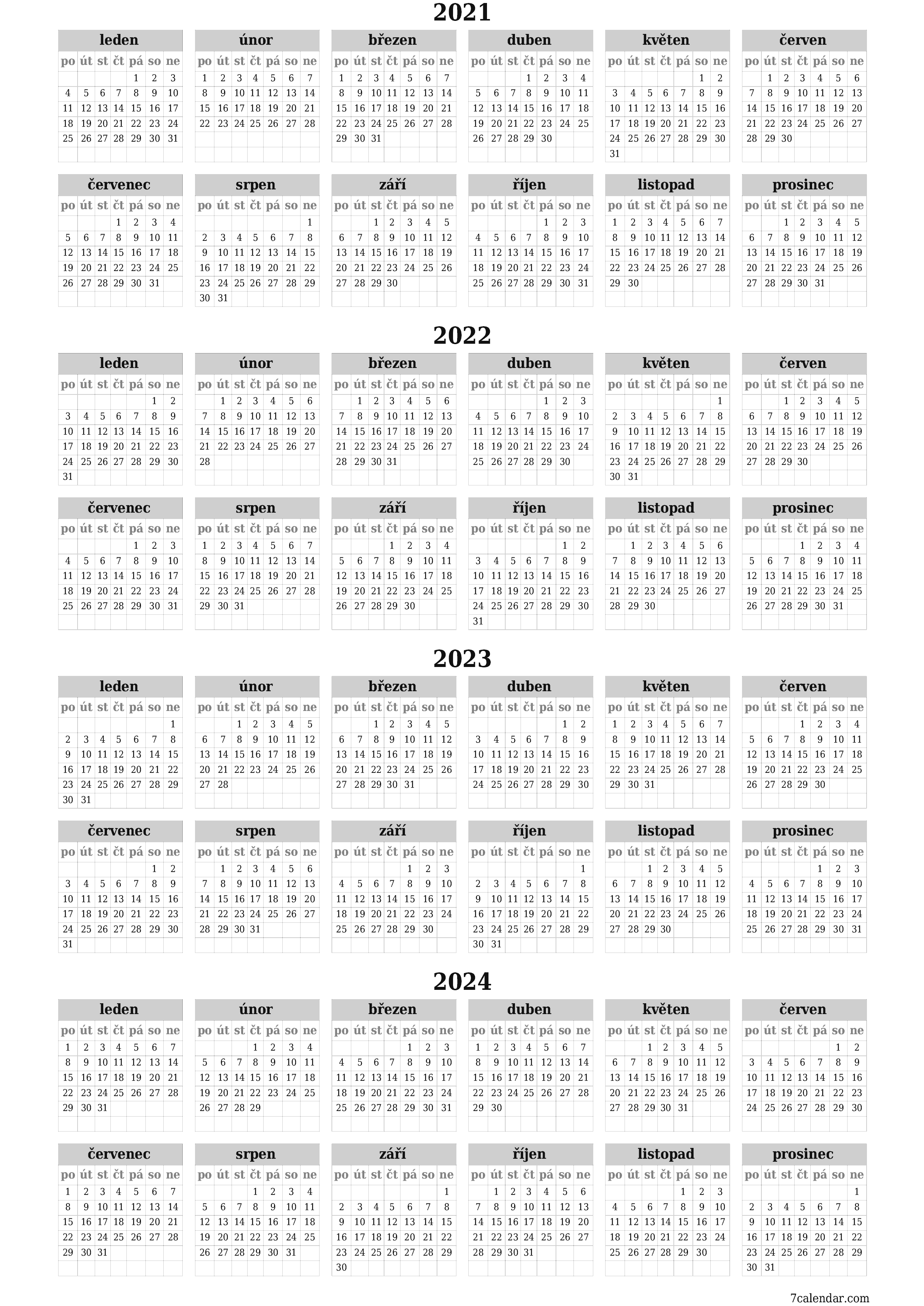 Prázdný roční kalendář plánovače pro rok 2021, 2022, 2023, 2024 s poznámkami, uložením a tiskem do PDF PNG Czech