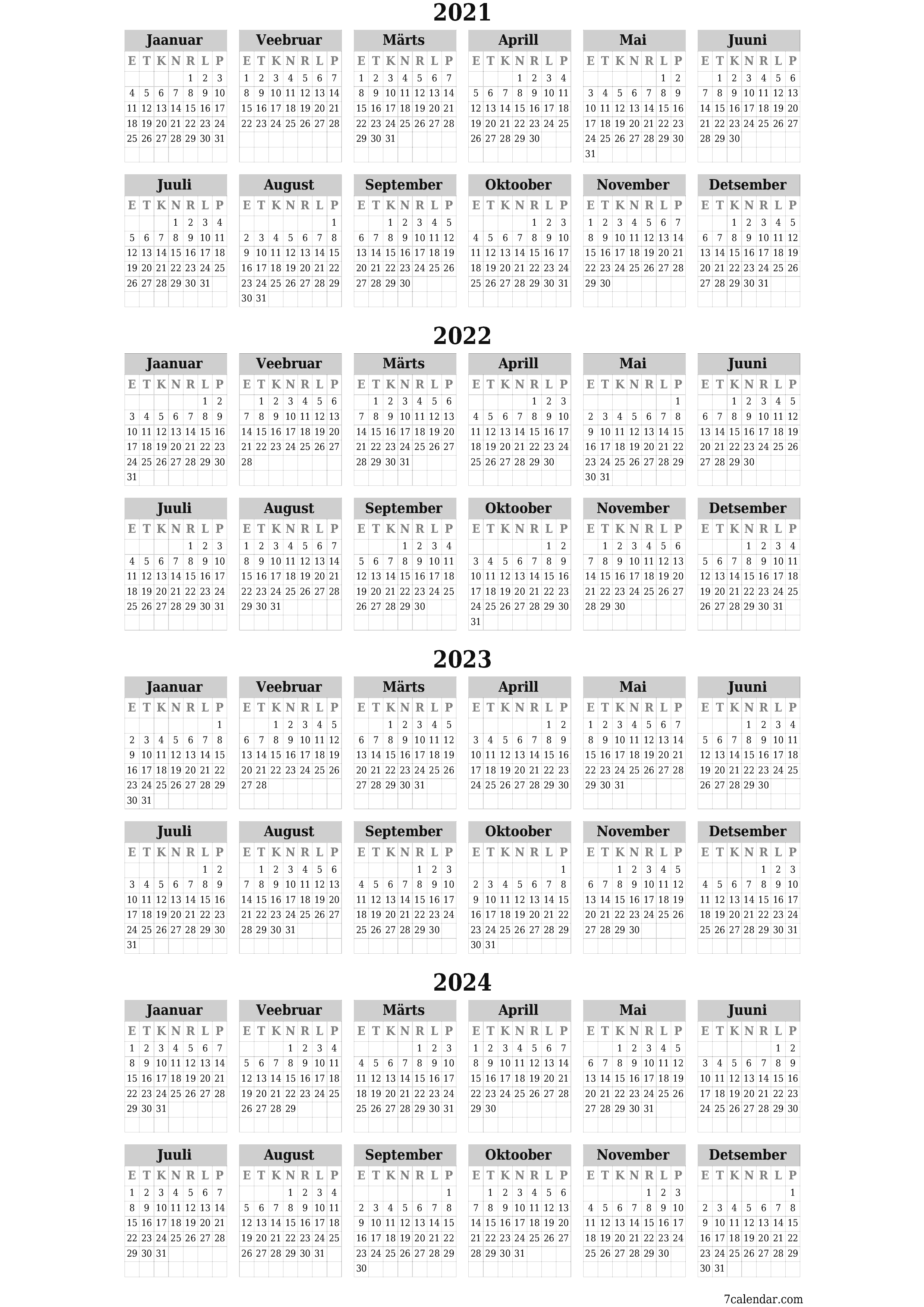 Tühi aasta planeerija kalender aastaks 2021, 2022, 2023, 2024 koos märkmetega, salvestage ja printige PDF-i PNG Estonian