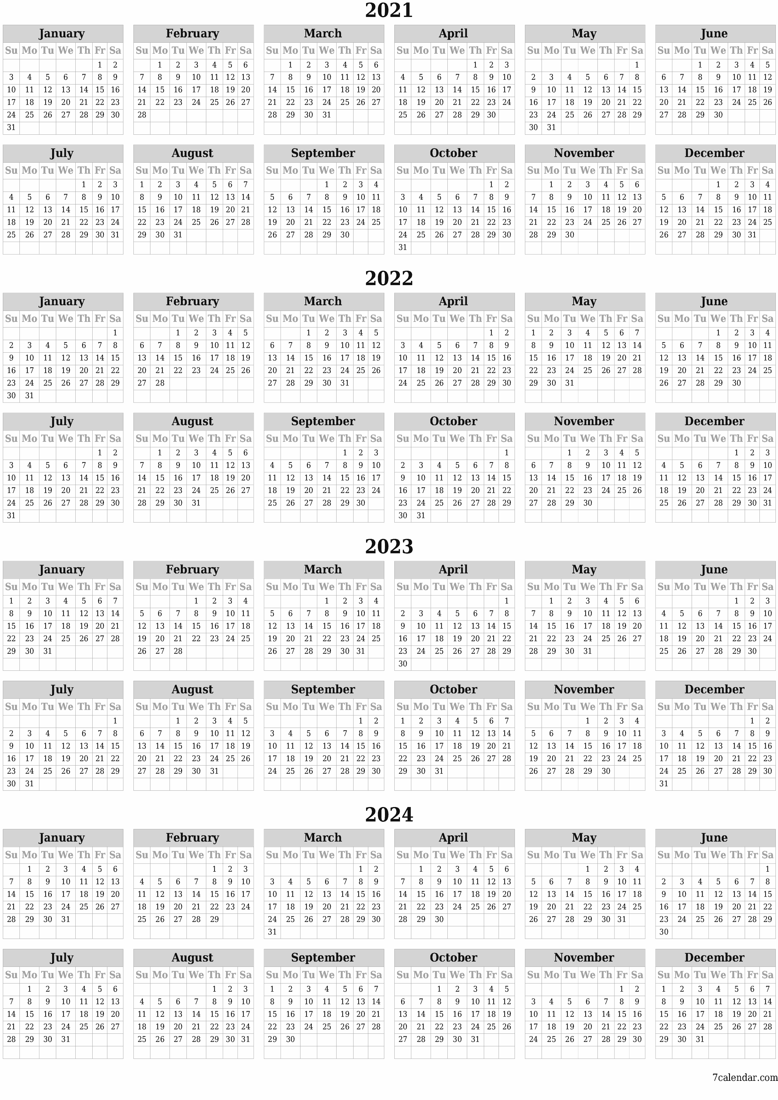 Blank yearly dated HD template image of calendar for year 2021, 2022, 2023, 2024 save and print to PDF PNG English - 7calendar.com