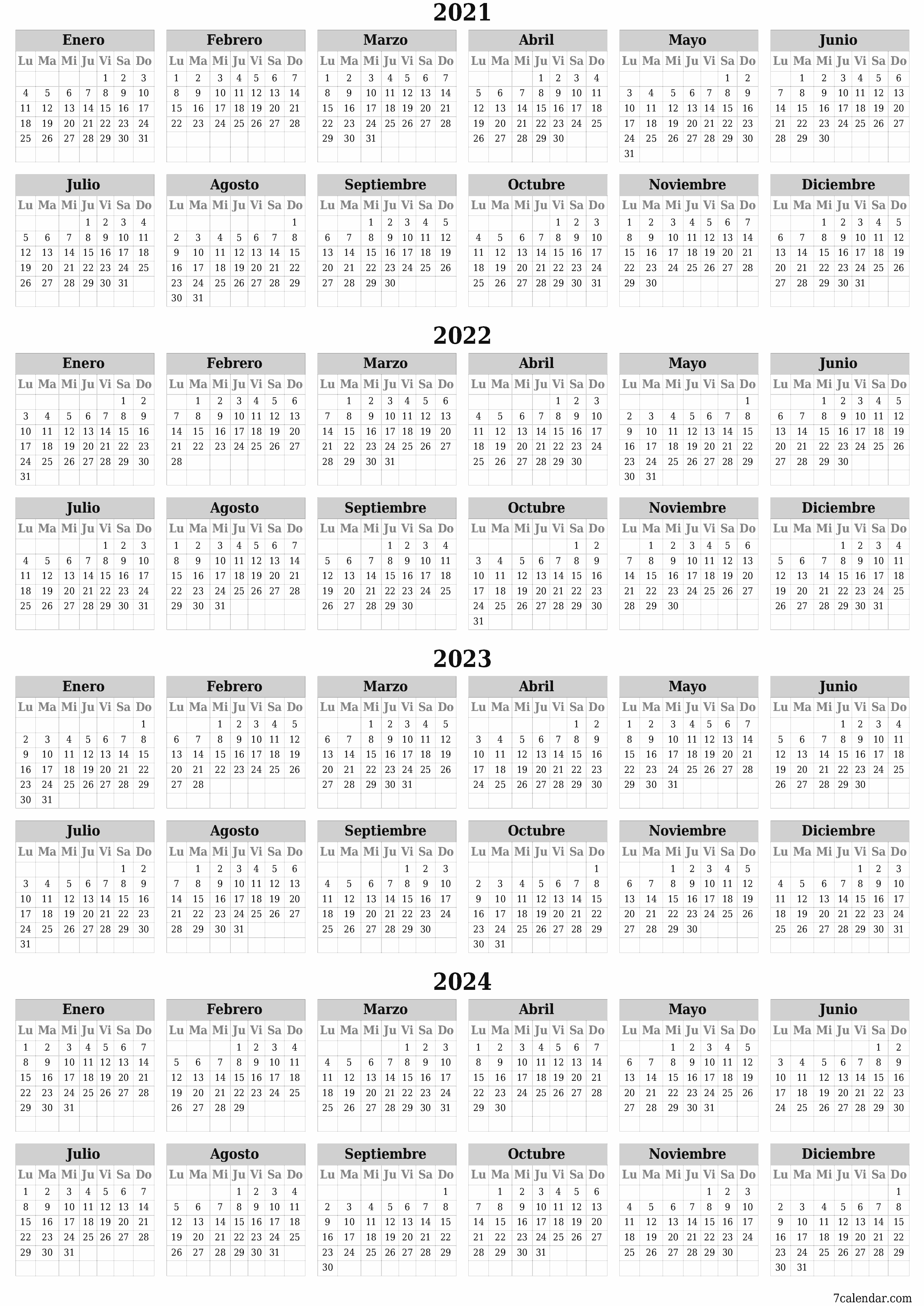 Calendario planificador anual vacío para el año 2021, 2022, 2023, 2024 con notas, guardar e imprimir en PDF PNG Spanish
