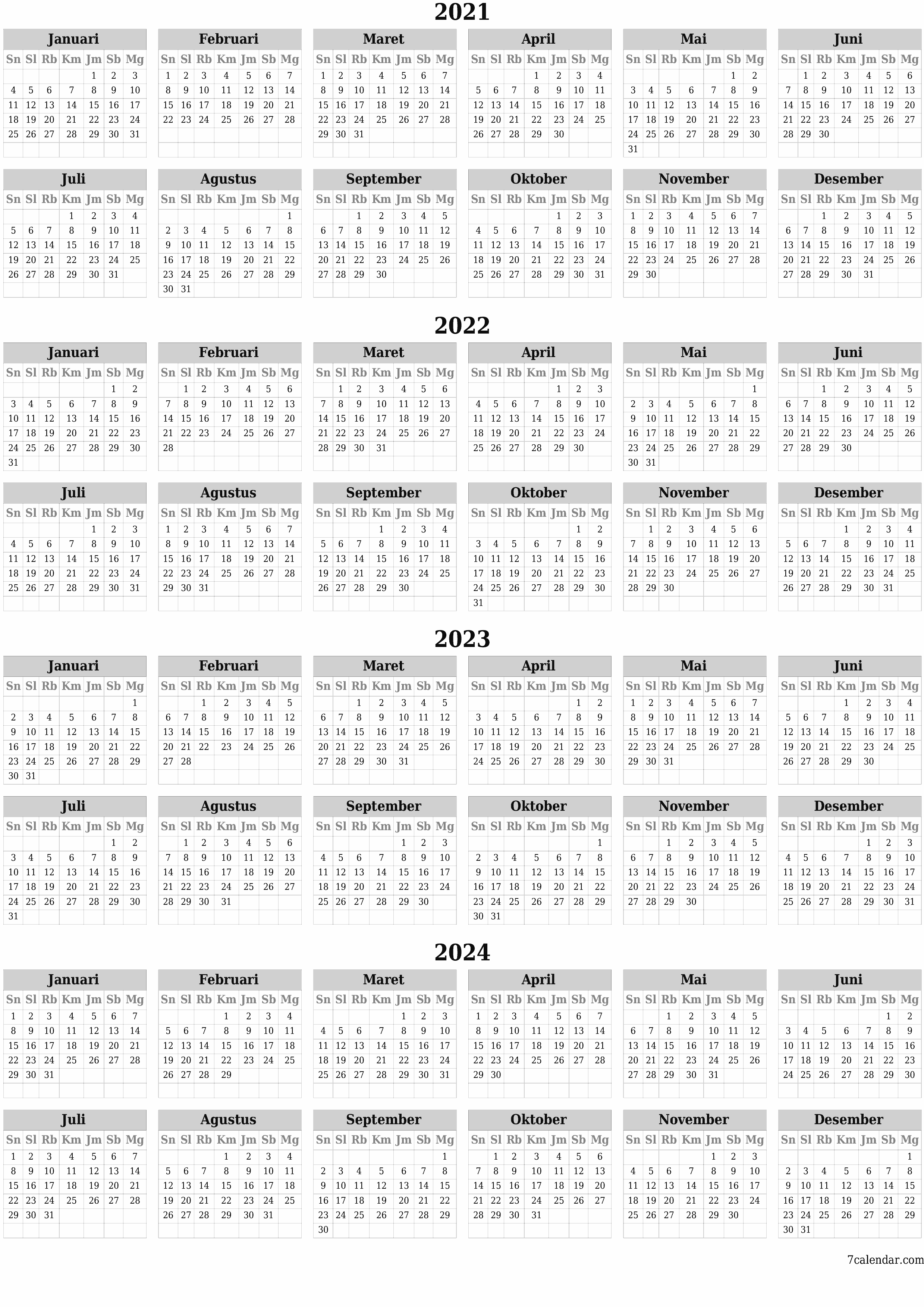 Kosongkan kalender perencana tahunan untuk tahun ini 2021, 2022, 2023, 2024 dengan catatan, simpan dan cetak ke PDF PNG Indonesian
