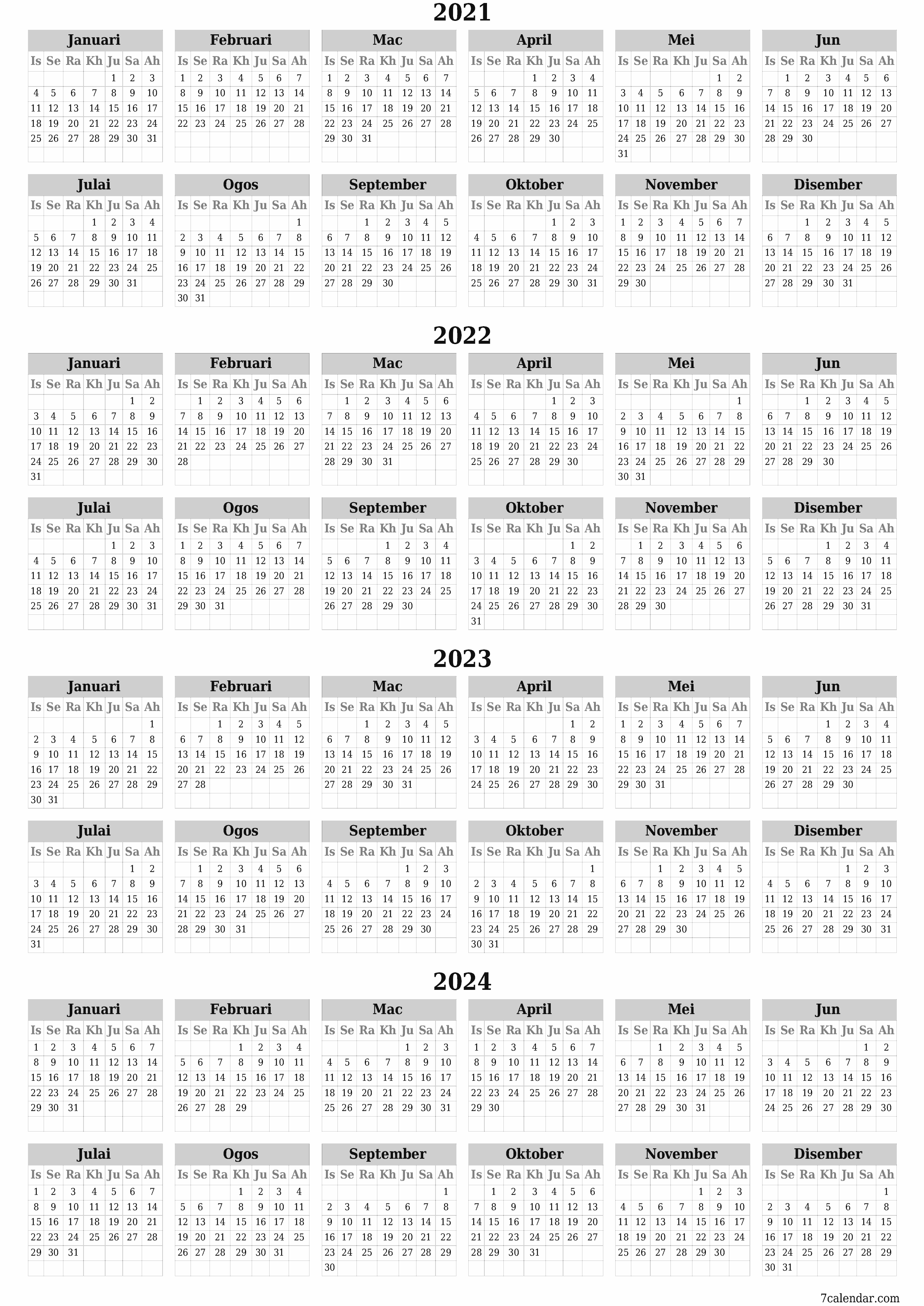 Kalendar perancang tahunan kosong untuk tahun ini 2021, 2022, 2023, 2024 dengan nota, simpan dan cetak ke PDF PNG Malay